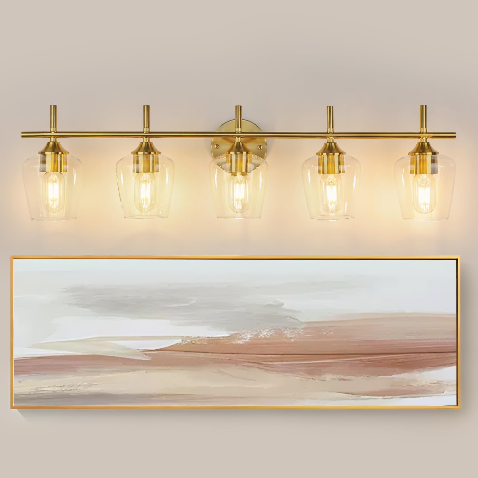 foucasal 5-Light Bathroom Vanity Light Fixture, Gold Brushed Brass with Clear Glass Shade for Mirror and Hallway