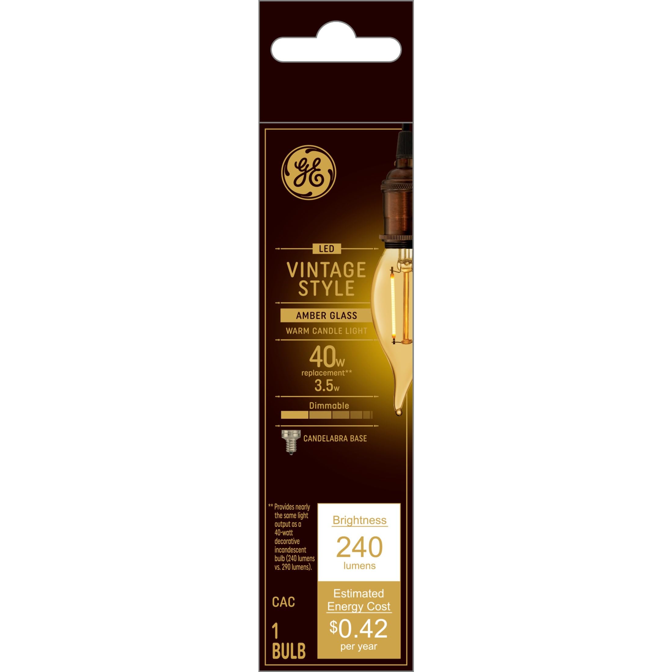 Ge Vintage Style Led Light Bulbs, 40 Watt, Amber Finish, Warm Candle Light, Decorative Bulb, Small Base (1 Pack)