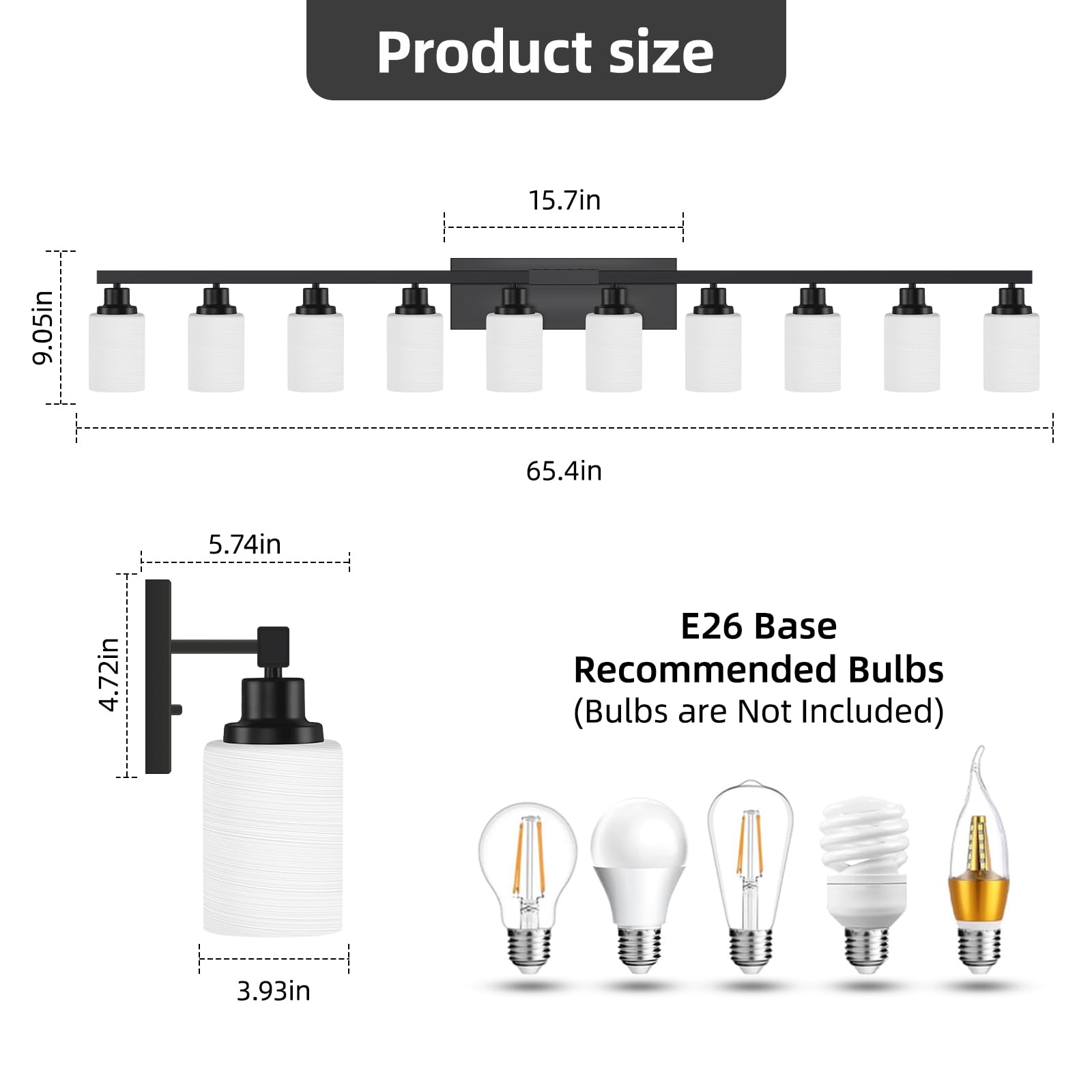 DIKAIDA 10-Light Bathroom Vanity Lights, Black Metal with White Glass Shades, 65.4 inch, Model DKD-LW-HS-10