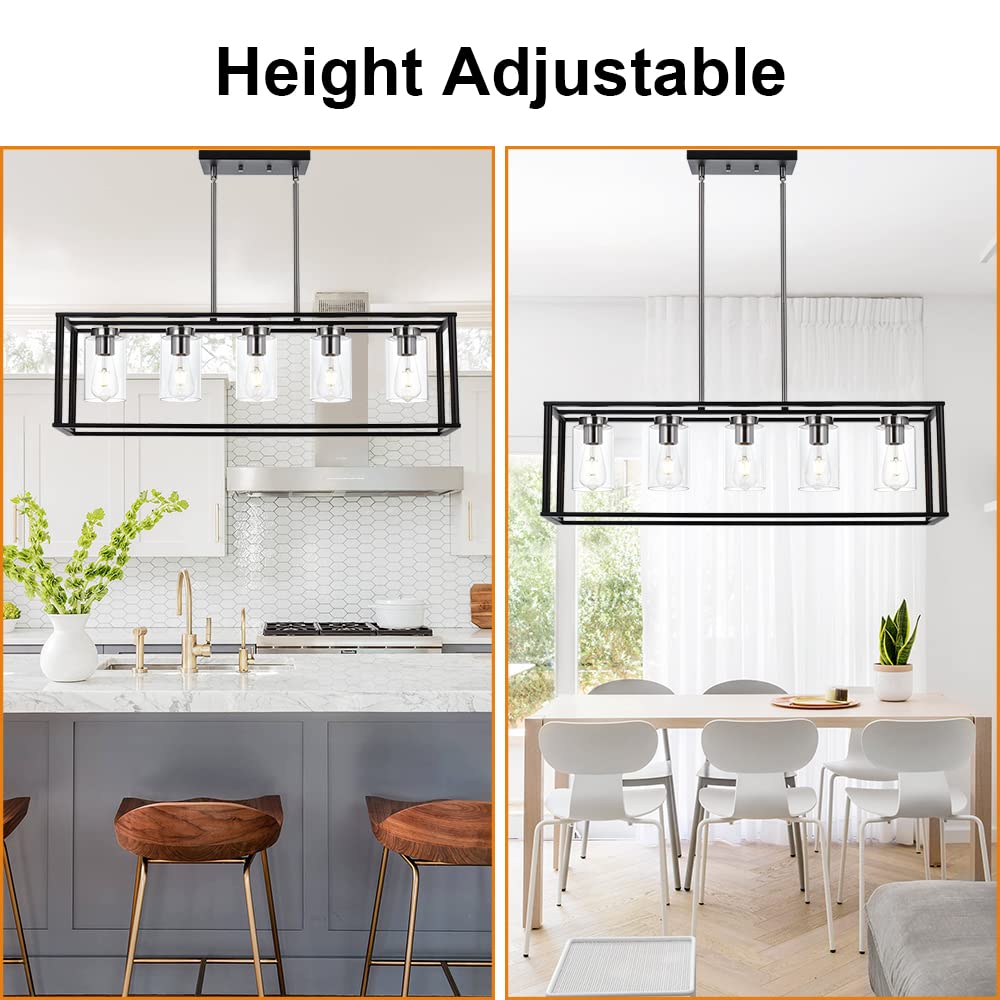 VINLUZ Modern Chandelier Lighting Fixture, 5 Light, Brushed Nickel and Black, Clear Glass Shade, Model 1811-5-BS