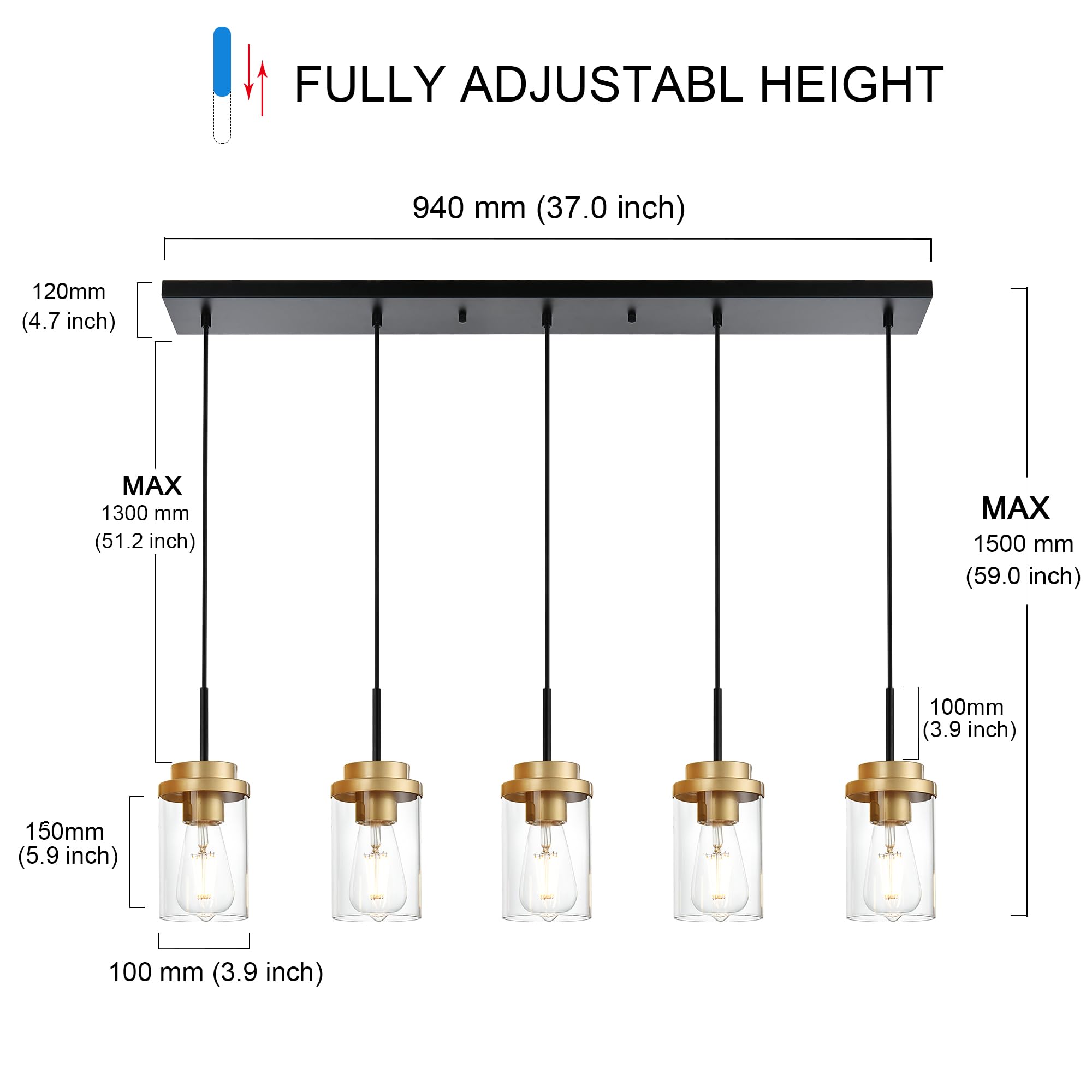 Melucee 5-Lights Adjustable Pendant Light, Black Brass, Modern Chandelier For Dining Room, 40.1 Inches, Clear Glass Shade, Model 4-4501-5D