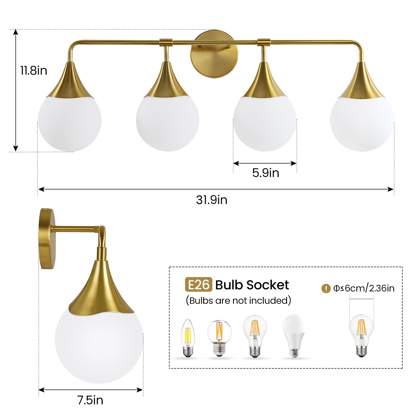 HAHZT 4-Light Bathroom Vanity Light Fixture - Mid Century Modern Brass Gold Sconce with Milky Glass Ball Shades - Model 8089ML