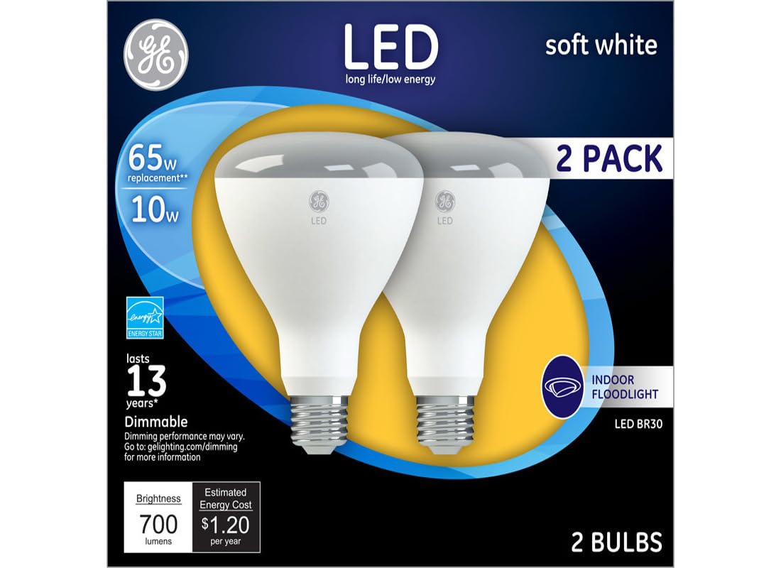 Ge Lighting Indoor Floodlight Led Bulb, Dimmable, Br30, Soft White, 700 Lumens, 10W (65 W Replacement) 2-Pk