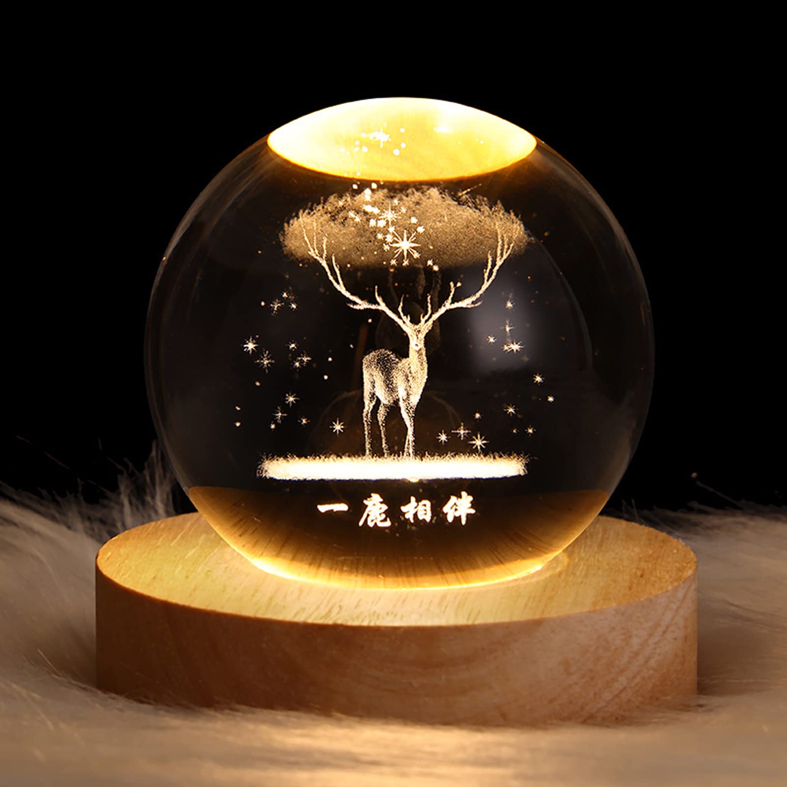 Dniebw 3D Deer Forest Crystal Ball Night Light For Kids Glass Ball Night Lamp With Wooden Base Fantasy Decoration Crsytal Ball Deer Forest Led Galaxy Planet Nightlight Bedroom Decor
