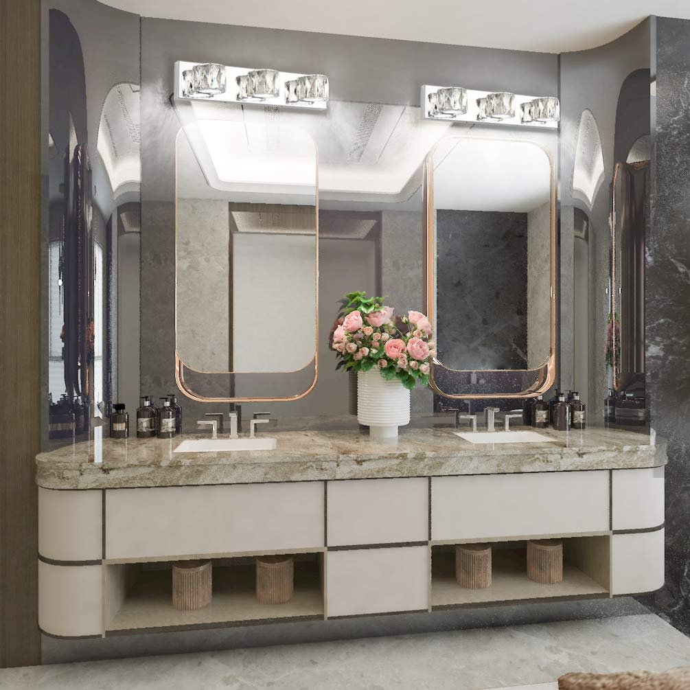 Aipsun 3-Light Crystal Vanity Lights for Bathroom, Modern LED Fixtures, Mirror Stainless Steel Frame, White Lights, Model Ca-8271-3T