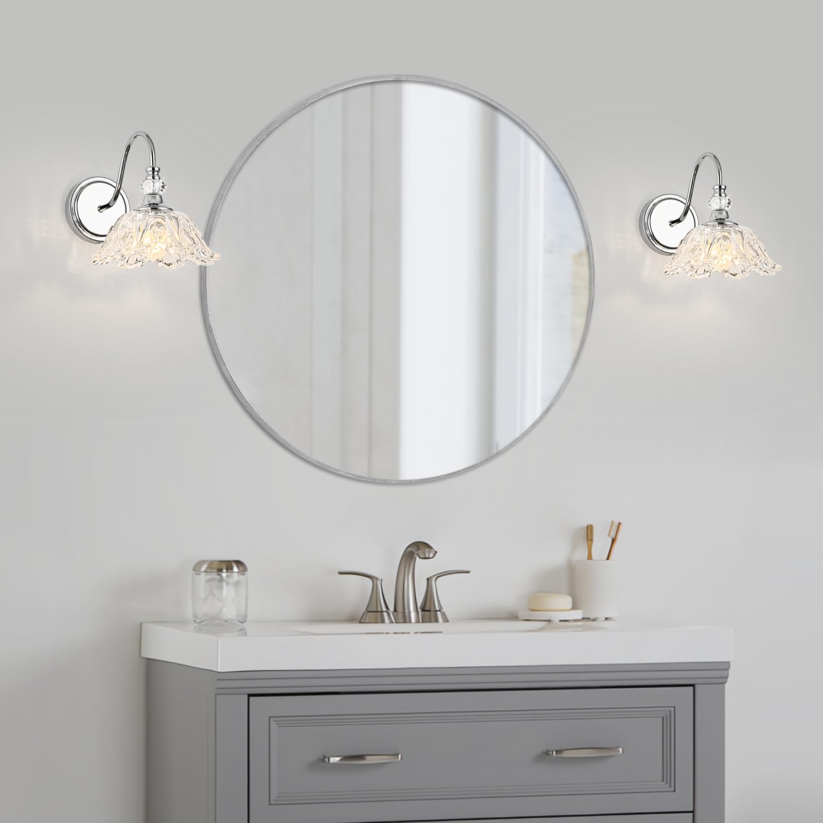 sunkryster Chrome Wall Sconce - 1-Light Modern Bathroom Vanity Light with Floral Glass Shade, Model Sun-104AB-1-Chrome