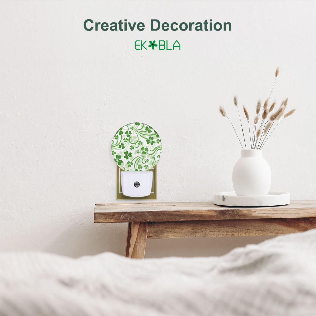 Ekobla St Patrick'S Day Night Light Green Clover Leaves Shamrock Lucky Leaf Night Lights Plug Into Wall Auto Sensor Led Round La