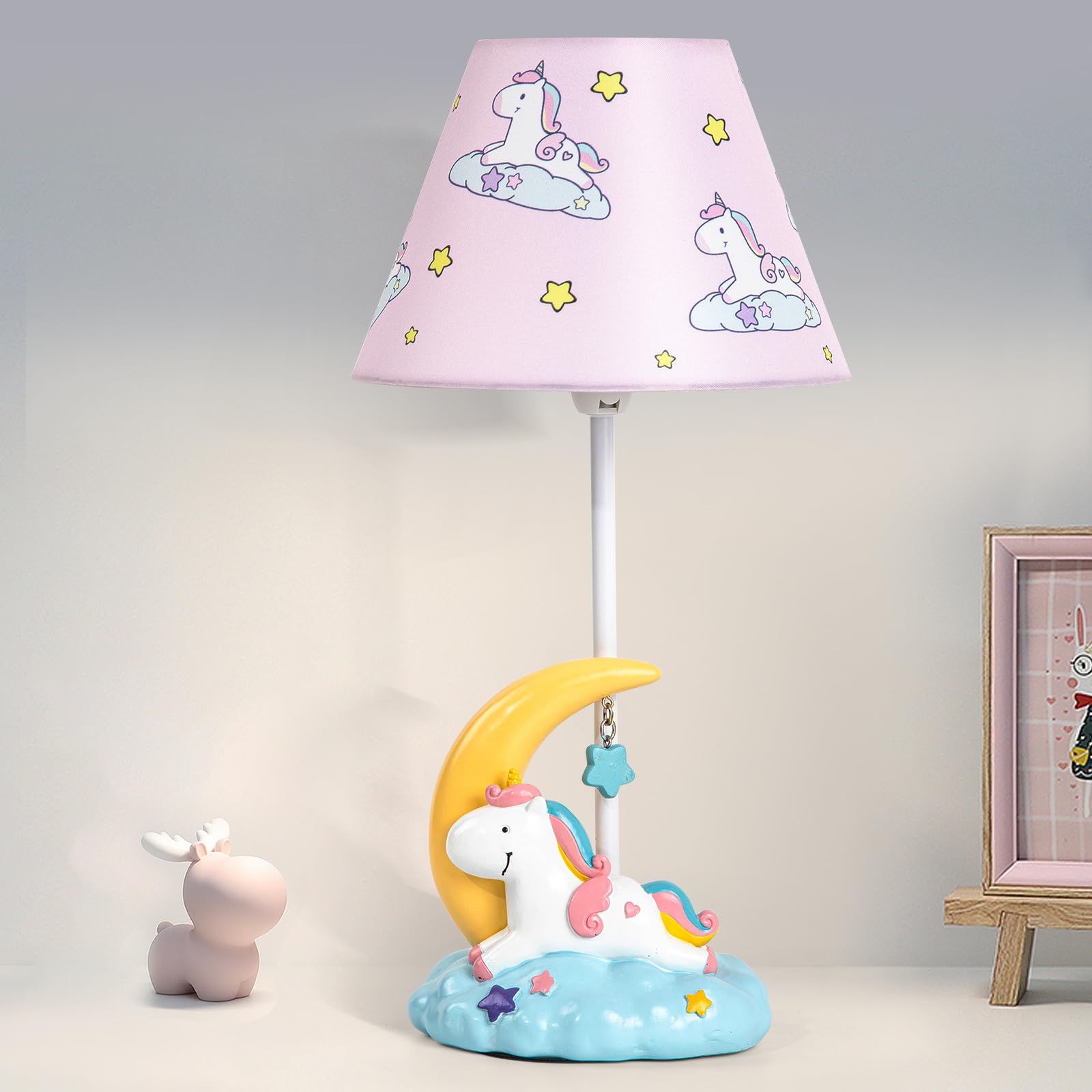 HERBESTBAY Kids Table Lamp, Adorable Moon Unicorn Style Desk Lamp, 16 Inch Pink Bedside Lamp Ideal for Girls Bedroom Decor, Incl
