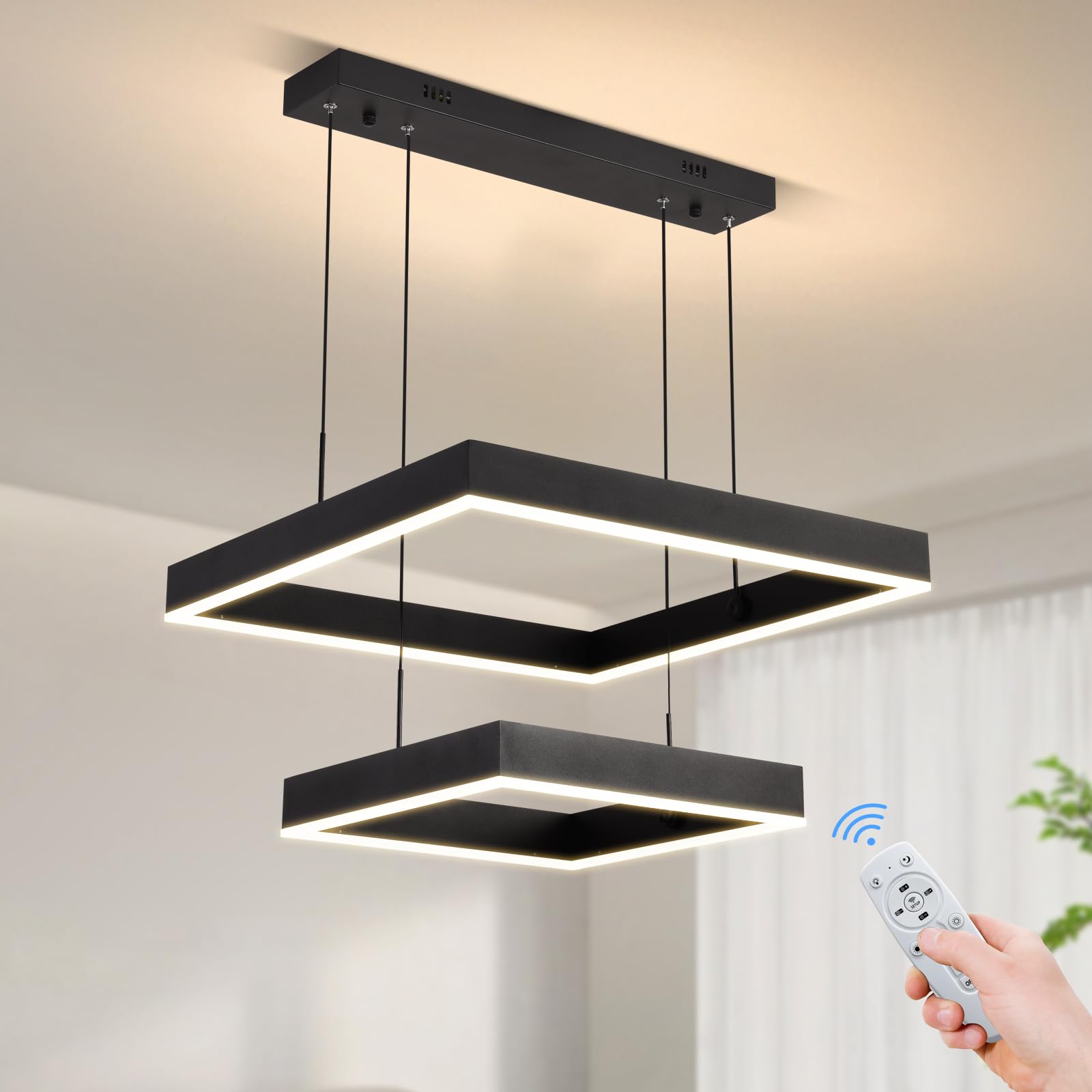 Behsig Modern Led Chandelier,2 Ring Rectangle Chandelier for Dining Room,Dimmable Black Modern Chandelier High Ceiling Hanging L