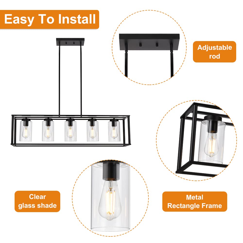 VINLUZ Farmhouse Black 5-Light Chandelier - Metal Kitchen Island Pendant Light with Glass Shade, Model 1811-5-BL