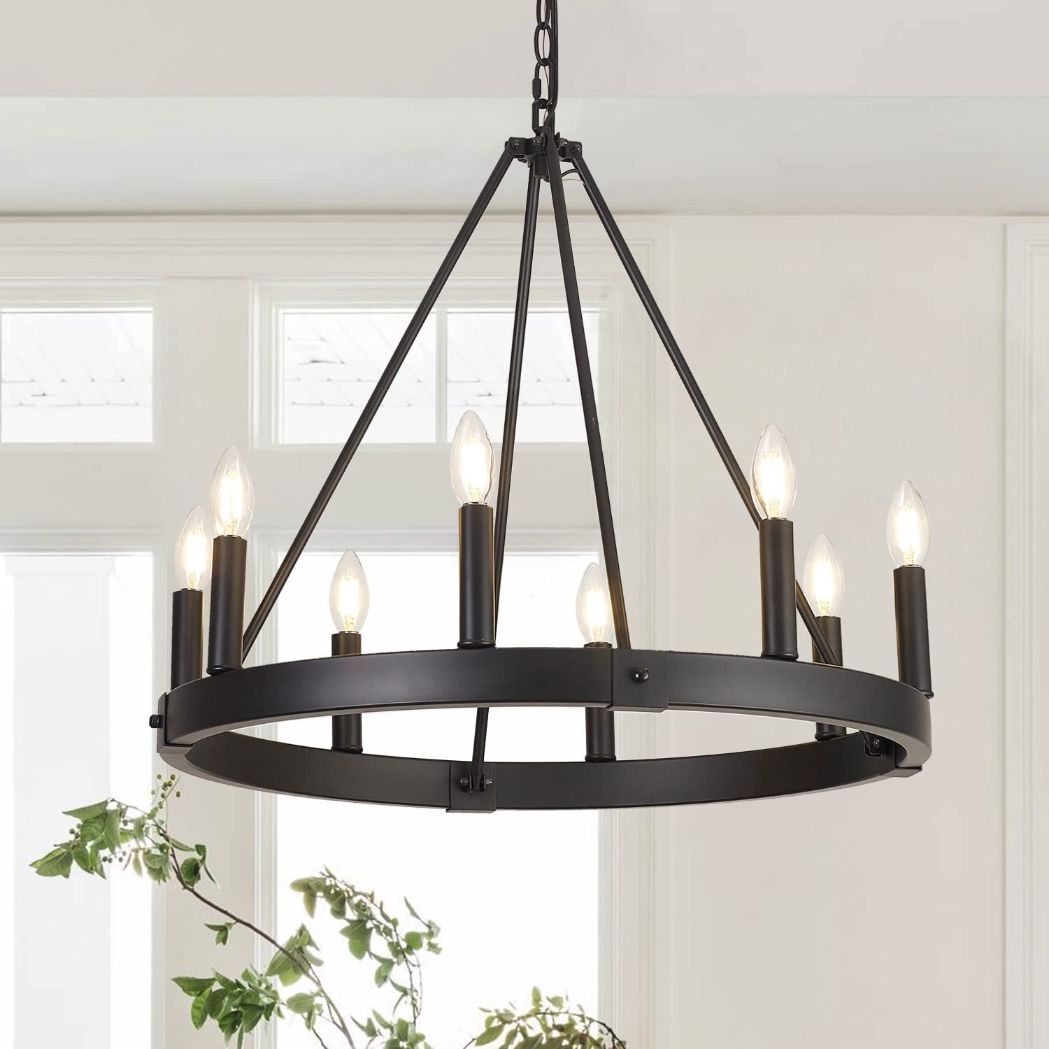 8-Light Farmhouse Wagon Wheel Chandelier, D24'' Black Round Chandeliers for Dining Room, Modern Industrial Kitchen Island Pendan
