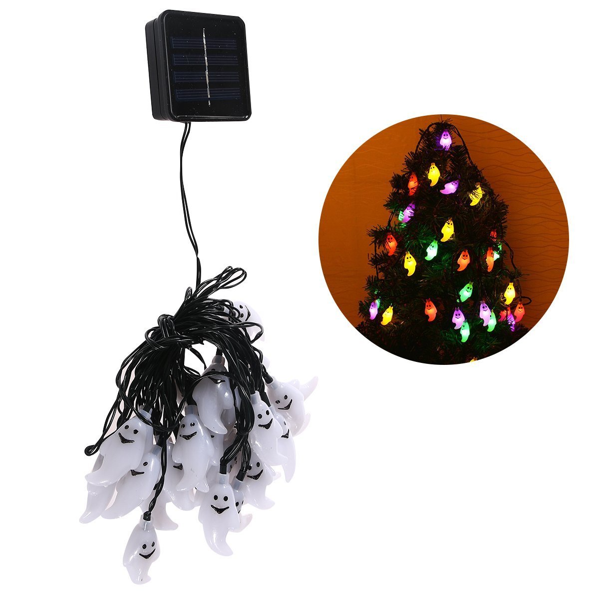 Hann Solar LED String Lights, 30LED Waterproof Crystal Ball, Cute Ghost, Yellow, Model HA-001