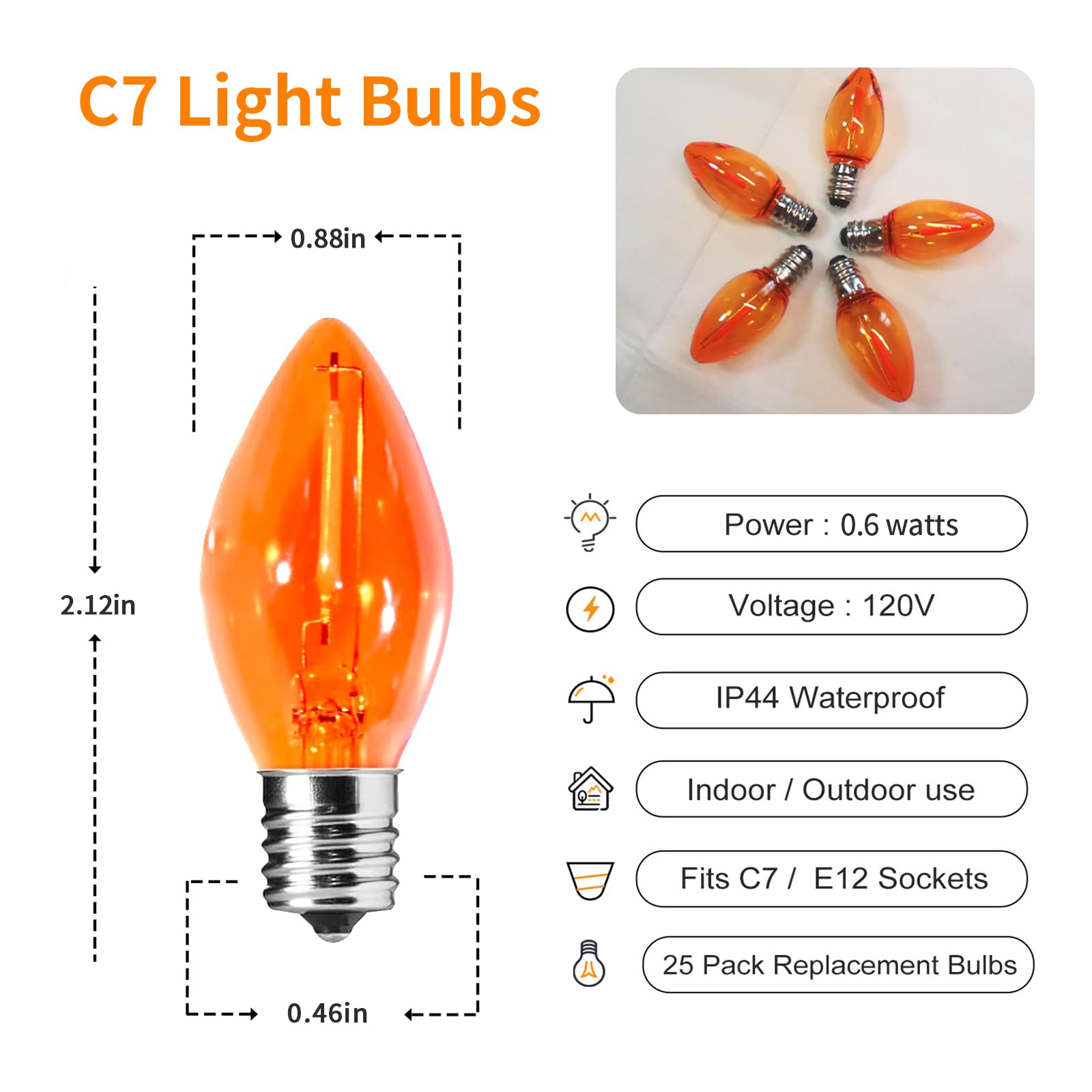 Chyparty 10 Pack C7 Replacement Bulbs, Orange Led Halloween Light Bulbs For Christmas Outdoor String Lights, Patio, Wedding, Hol