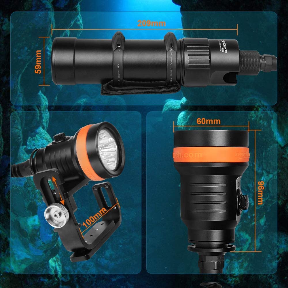 Orcatorch D630 V2.0 4000 Lumen 5 Imported Led Primary Canister Dive Light Straight/Side Mounted With Goodman Handle, For Professional Cave Wreck Night Diving