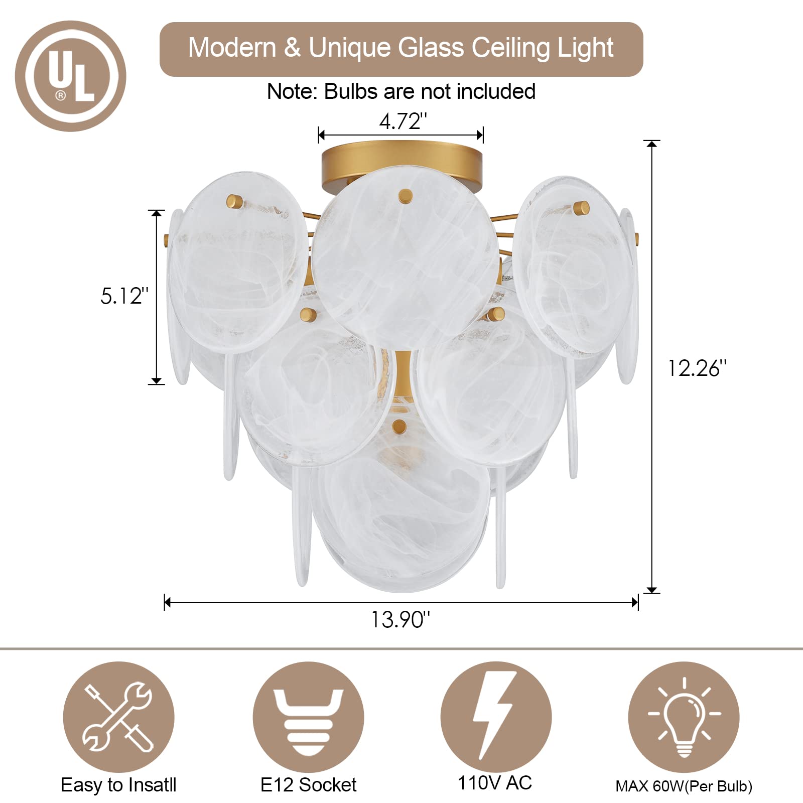 Vanzarla Modern Flush Mount Glass Ceiling Light, Gold Hallway Lights Vintage Chandelier, 4-Light Unique Light Fixture For Bedroo