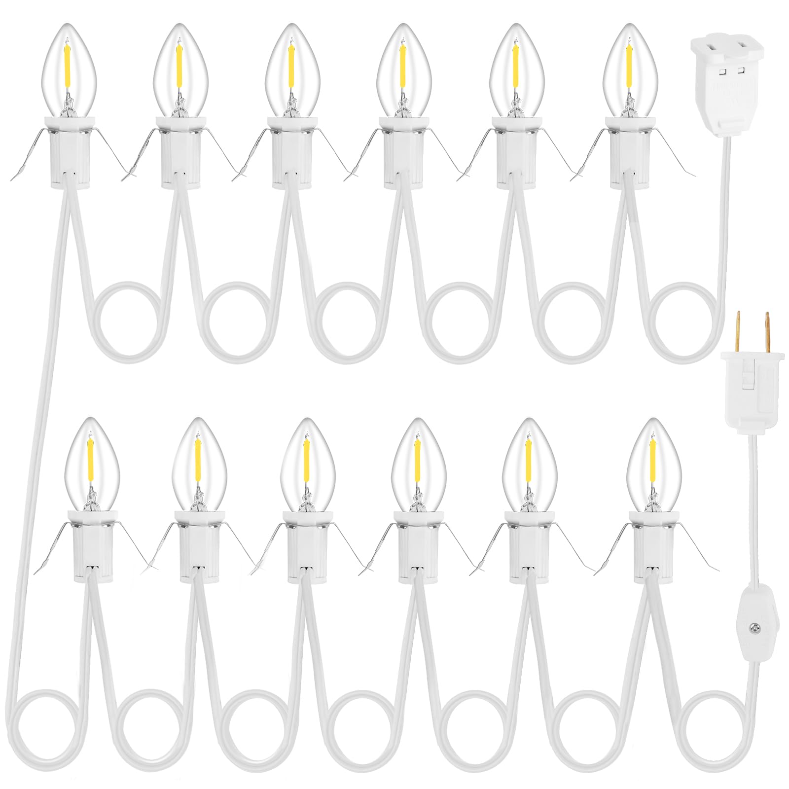 1Pack Accessory Cord with 12LED Light Bulbs and Outlet Christmas Village Light 20.6FT White Cord Warm White C7 Lamp Christmas Village Accessories for Halloween Pumpkins Christmas Village Houses