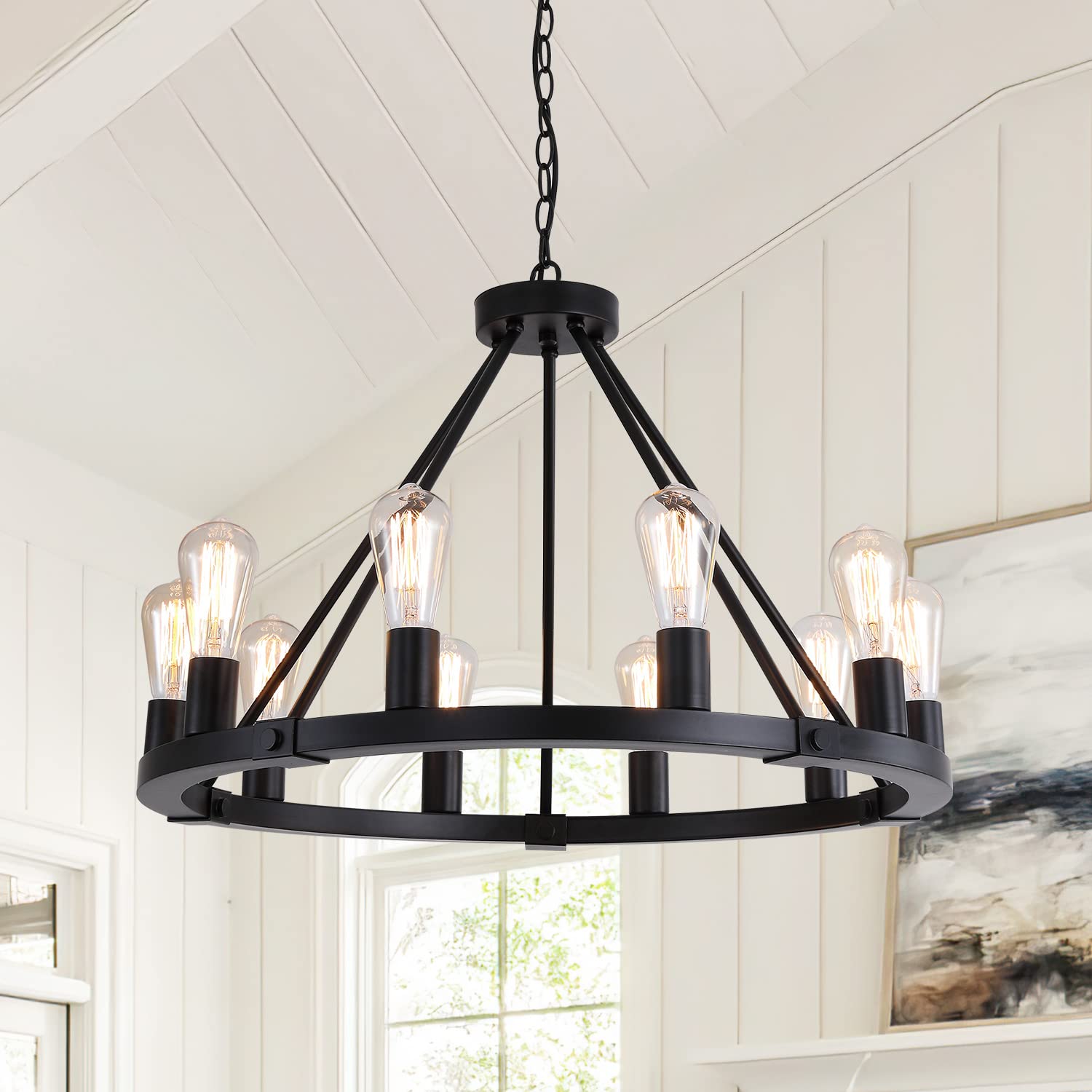 9Mmml 10 Lights Wagon Wheel Chandelier, Black Round Globe Wrought Iron Pendant Lights For Dinging&Living Room Kitchen Island Por