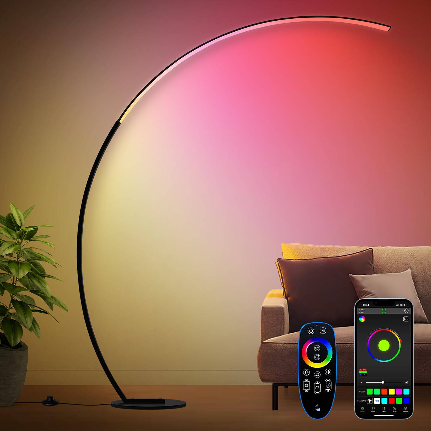RGB Floor Lamp with 3 Color Temperatures, Ultra Bright 1800LM Smart Arc LED Floor Lamp with Remote Control, Music Sync, Scene Mo