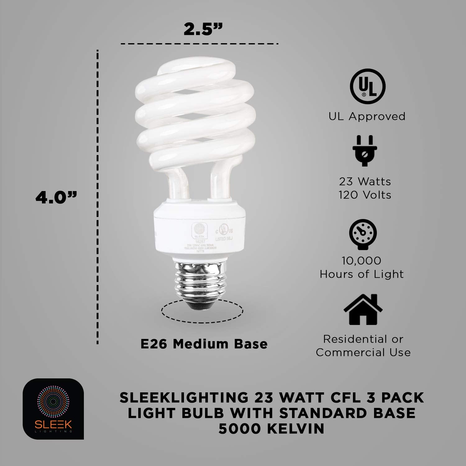 Sleeklighting E26 Standard Screw Base 23Watt Cfl Light Bulb - 3 Pack 5000 Kelvin For Pure White Daylight And 1600 Lumens (100 Wa