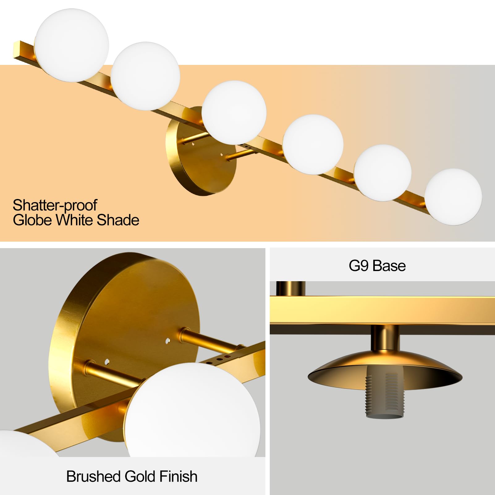 Lightdot 6-Light Bathroom Vanity Light, Modern Gold with Globe Shatterproof Lampshade, 38in Rust-Proof Fixture