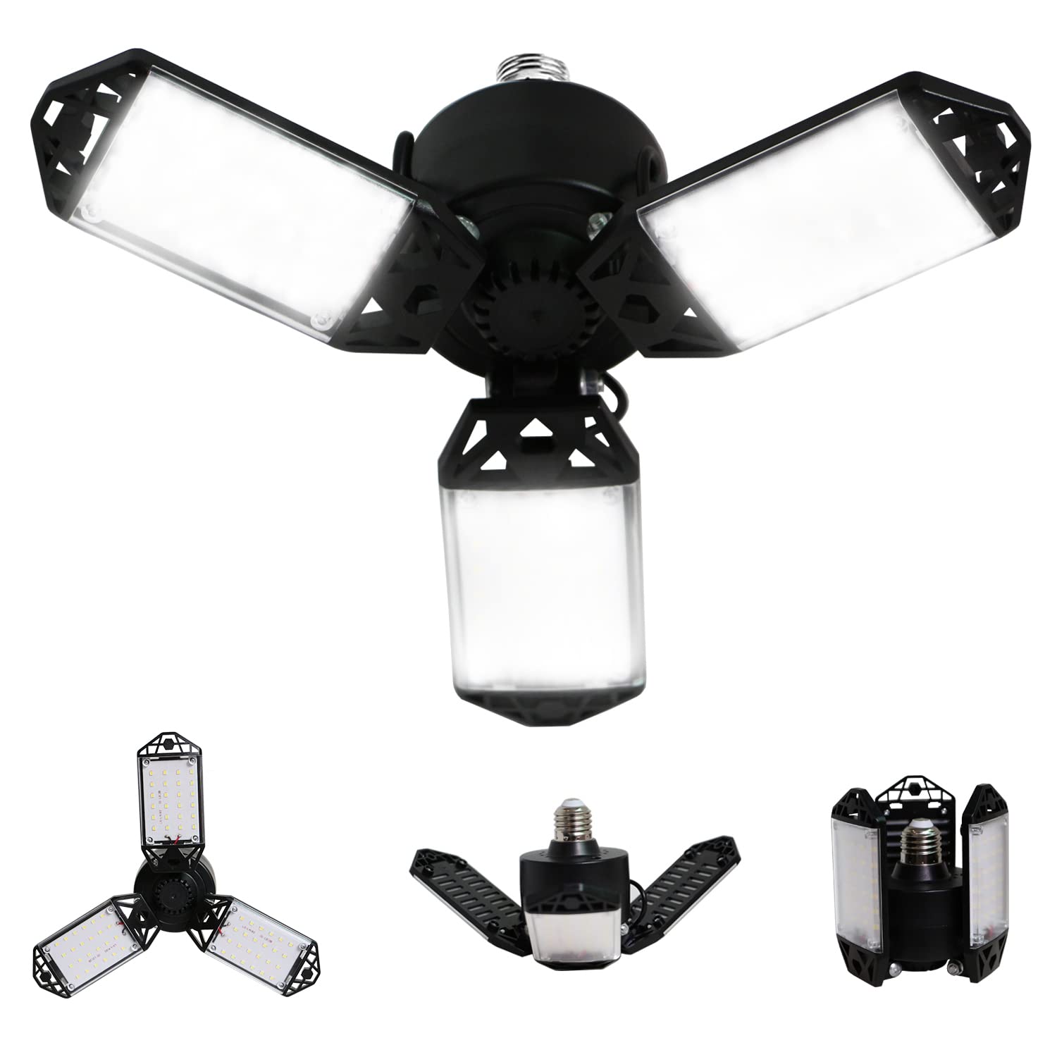 Meiqils 150W LED Garage Light, 4-Pack, 4+1 Adjustable Panels, 15000 Lumen, Black