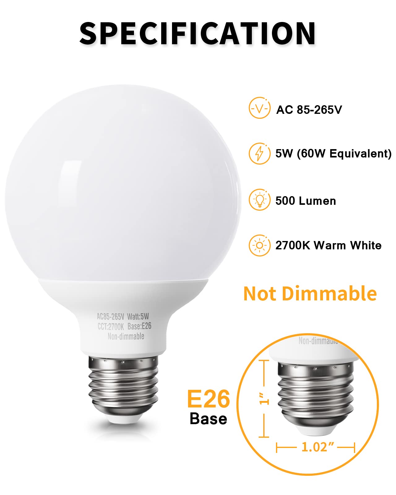 Pazetiv 8 Pack Warm White Led Globe Light Bulbs For Bathroom, 120V 60 Watt Equivalent, E26 Medium Base, Not Dimmable Vanity Ligh