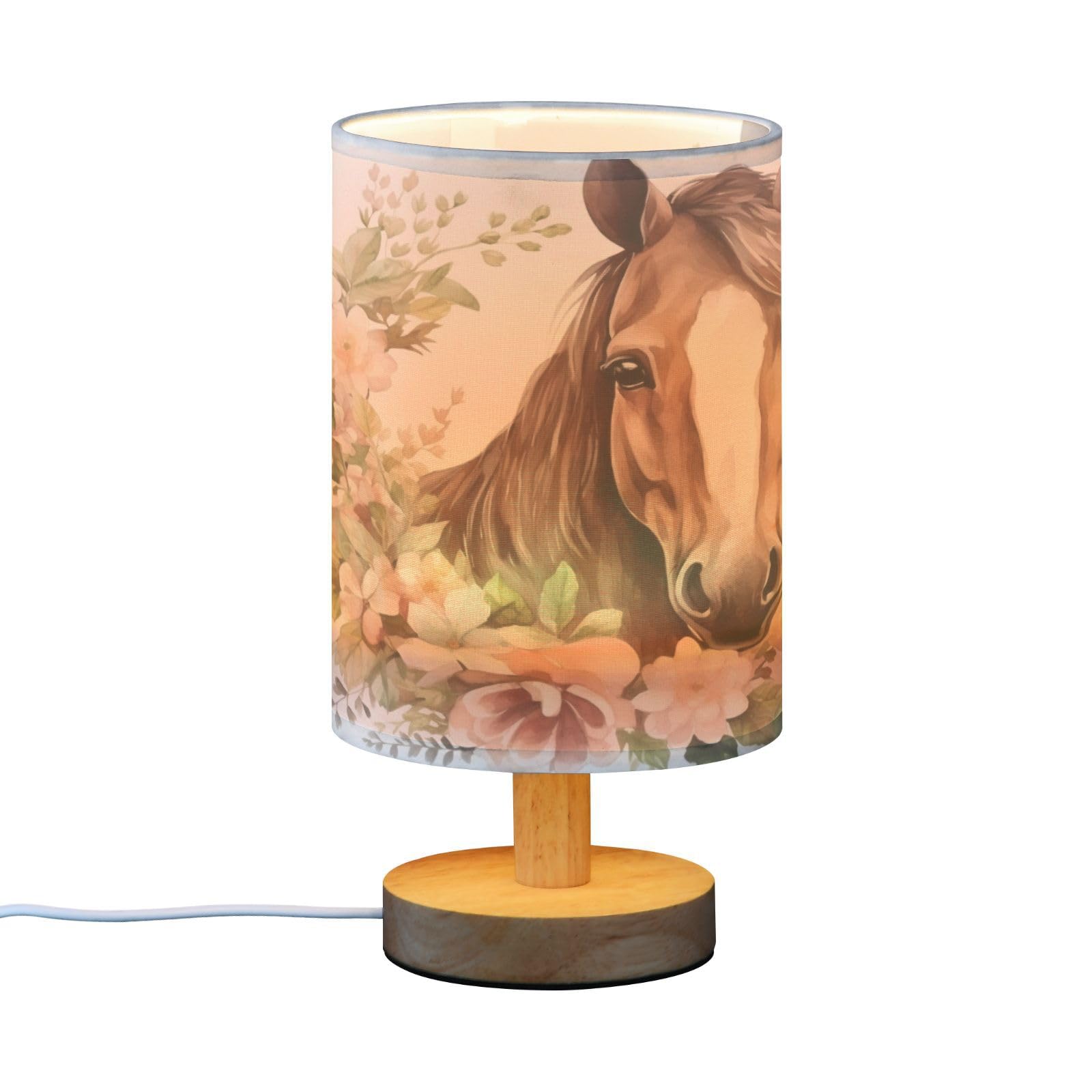 ALAZA Horse Flower Watercolor Lamp for Girls Boys Bedroom Bedside Table Lamp with USB Port LED Kids Nightstand Lamp Wood Base De