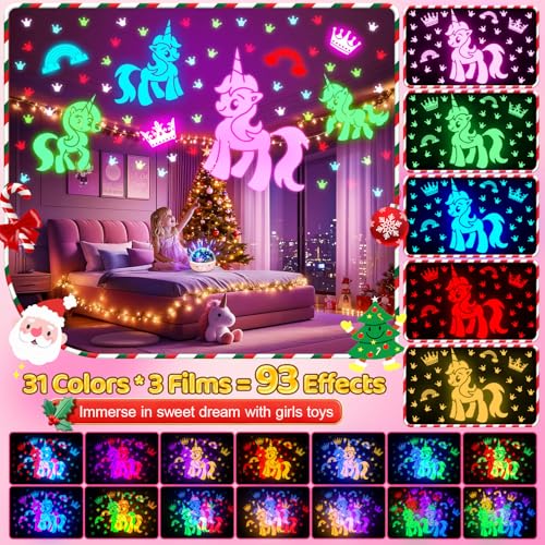 COOLNIGHT Unicorn Night Light Projector - 3 Films, 93 Colors, Remote, Dimmable, 360° Rotation, Pink Model, Kids Gift