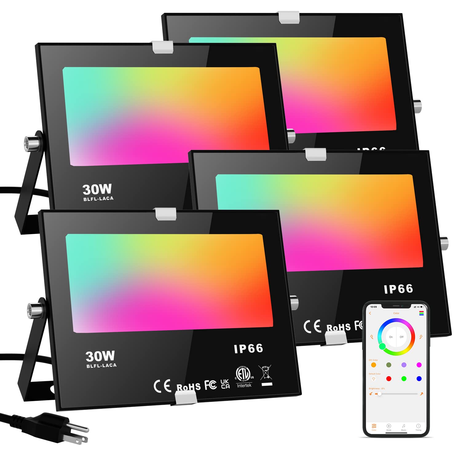 Led Flood Lights Rgb Color Changing 300W Equivalent Outdoor  30W Bluetooth Smart Rgb Floodlight App Control  Ip66 Waterproof  Timing  2700K&16 Million Colors 23 Modes For Garden Stage Lighting 4 Pack