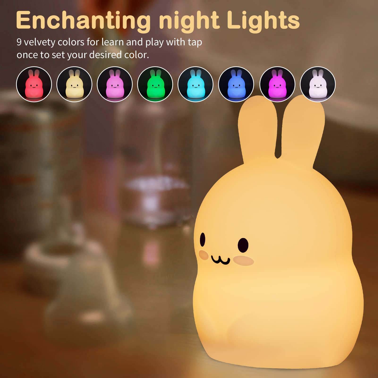 ShaArkMango Cute Rabbit Lamp - LED Night Light, Color Changing, Soft Silicone, Bunny Color