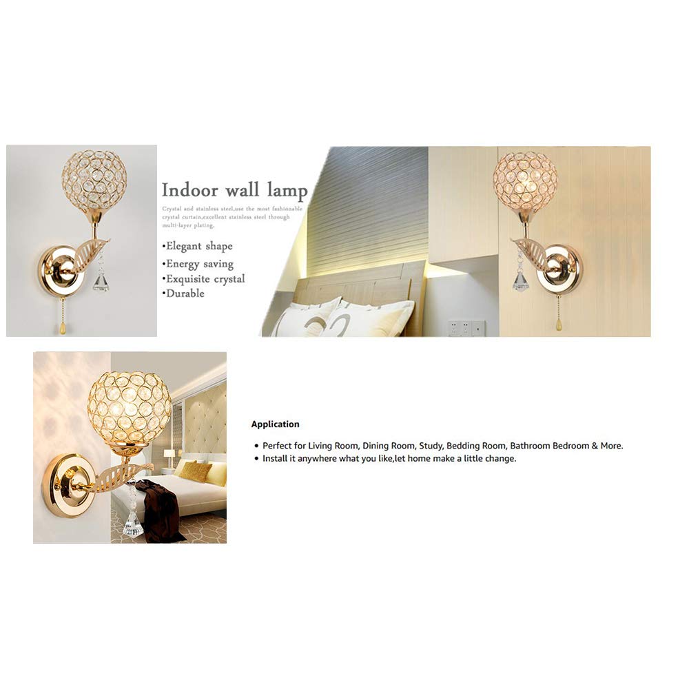 WeFoonLo Modern Crystal Wall Light Fixture, Chrome Finish, Gold, E14 Socket, Model TL1135, Bedroom Sconce with Pull Cord Switch