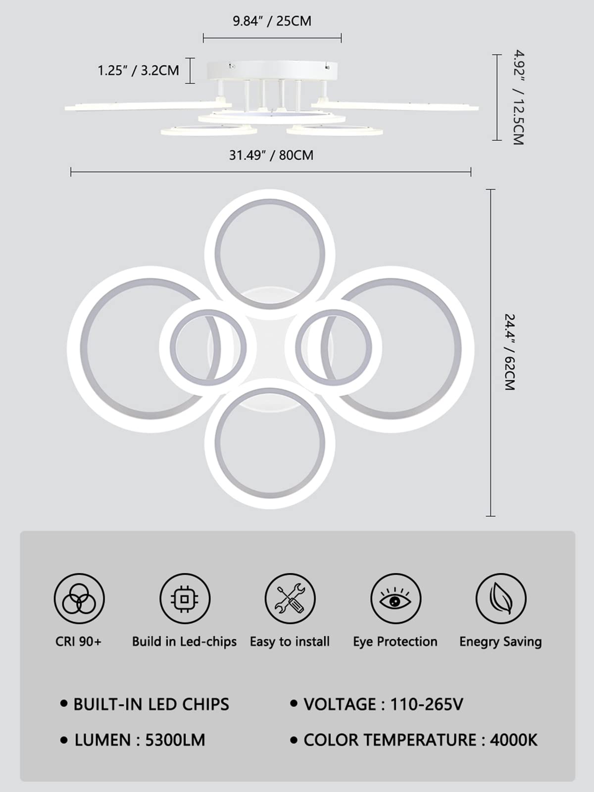 Teminbu Modern Led Ceiling Light, White 6 Rings Flush Mount Ceiling Light, 4000K Lighting Fixture Ceiling Lamp For Kitchen, Bedroom, Living Room, Laundry Room