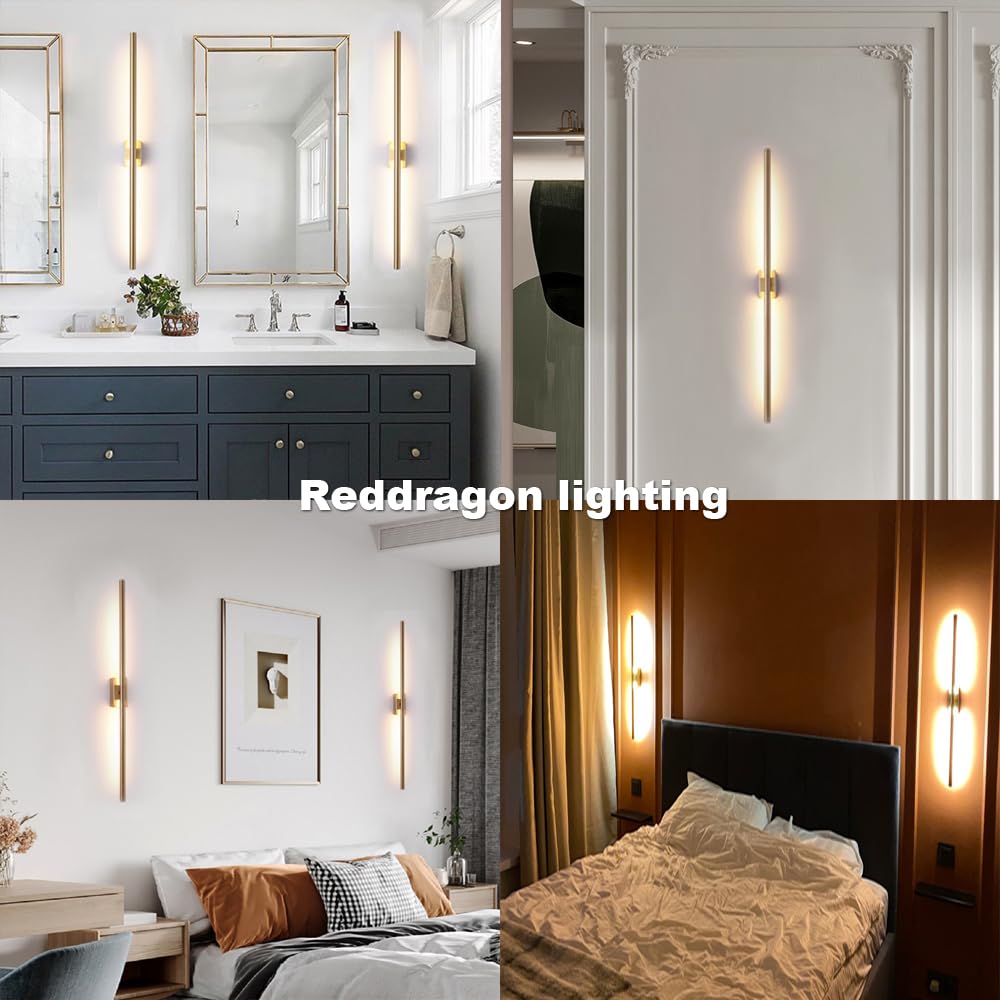 Reddragon Lighting Set Of 2 Hardwired 32 Inch Long Bronze Gold Wall Sconce Indoor Waterproof Linear Mirror Vanity Wall Light For Bathroom Bedroom Living Room (2 Pack, 32'', Gold, Dimmable)