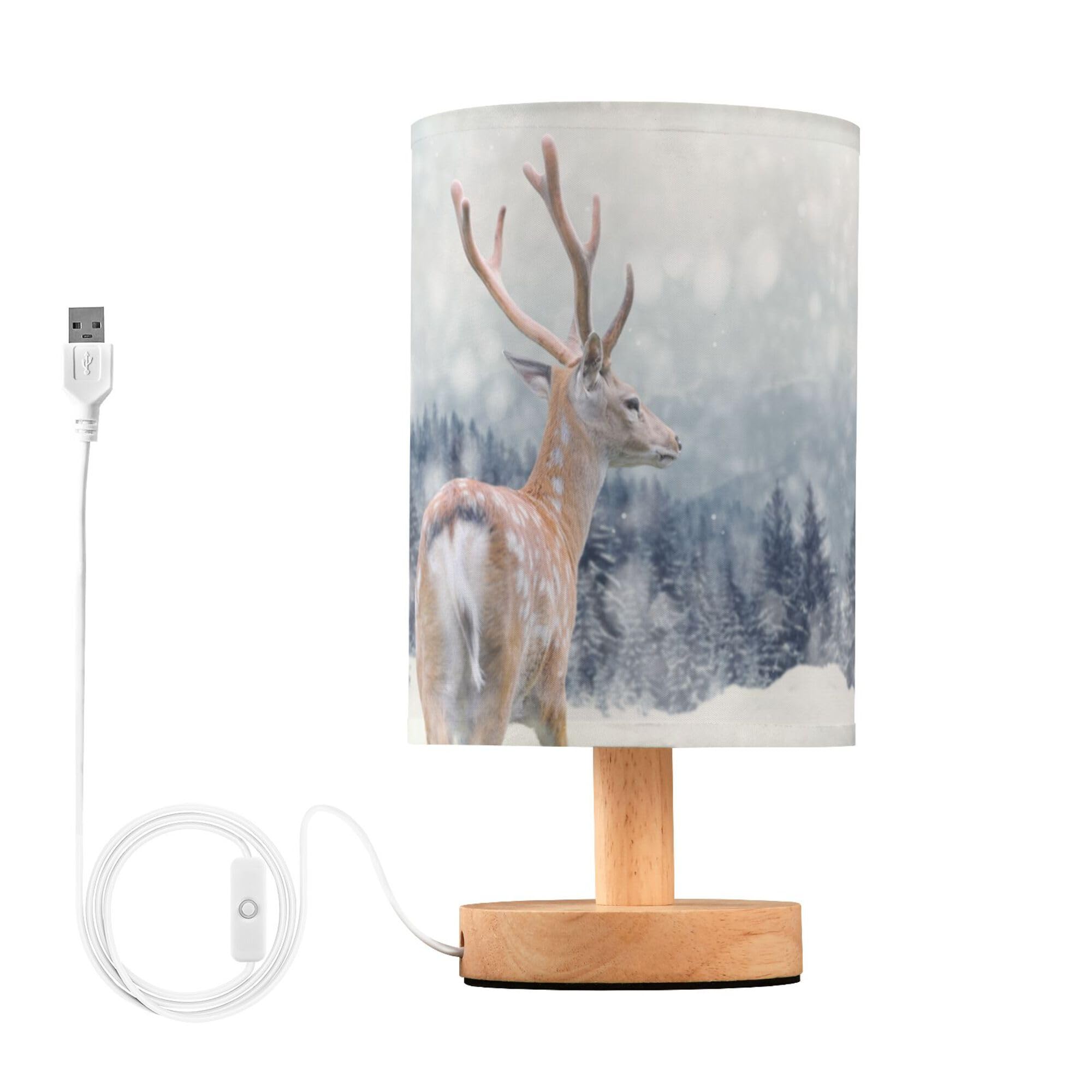 YYZZH Table Lamp Big Male Deer on Winter Snow Mountain Nightstand Lamp with Wood Base Fabric Lamp Shade Bedside Desk Lamp for Li