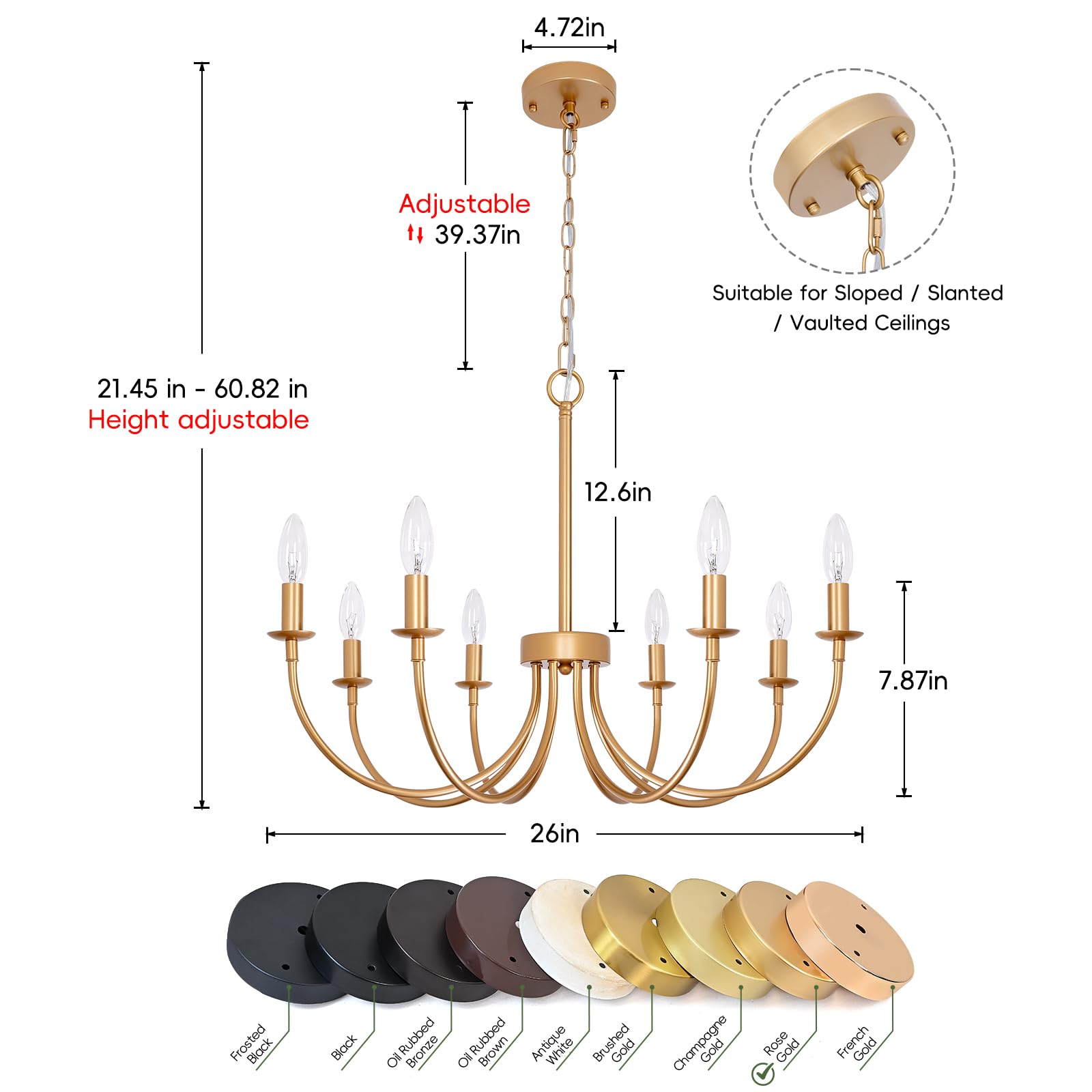 Farmhouse Chandelier For Dining Room, 8-Light 26'' Rose Gold Dining Room Light Fixture, Rustic Candle Chandeliers Vintage Modern