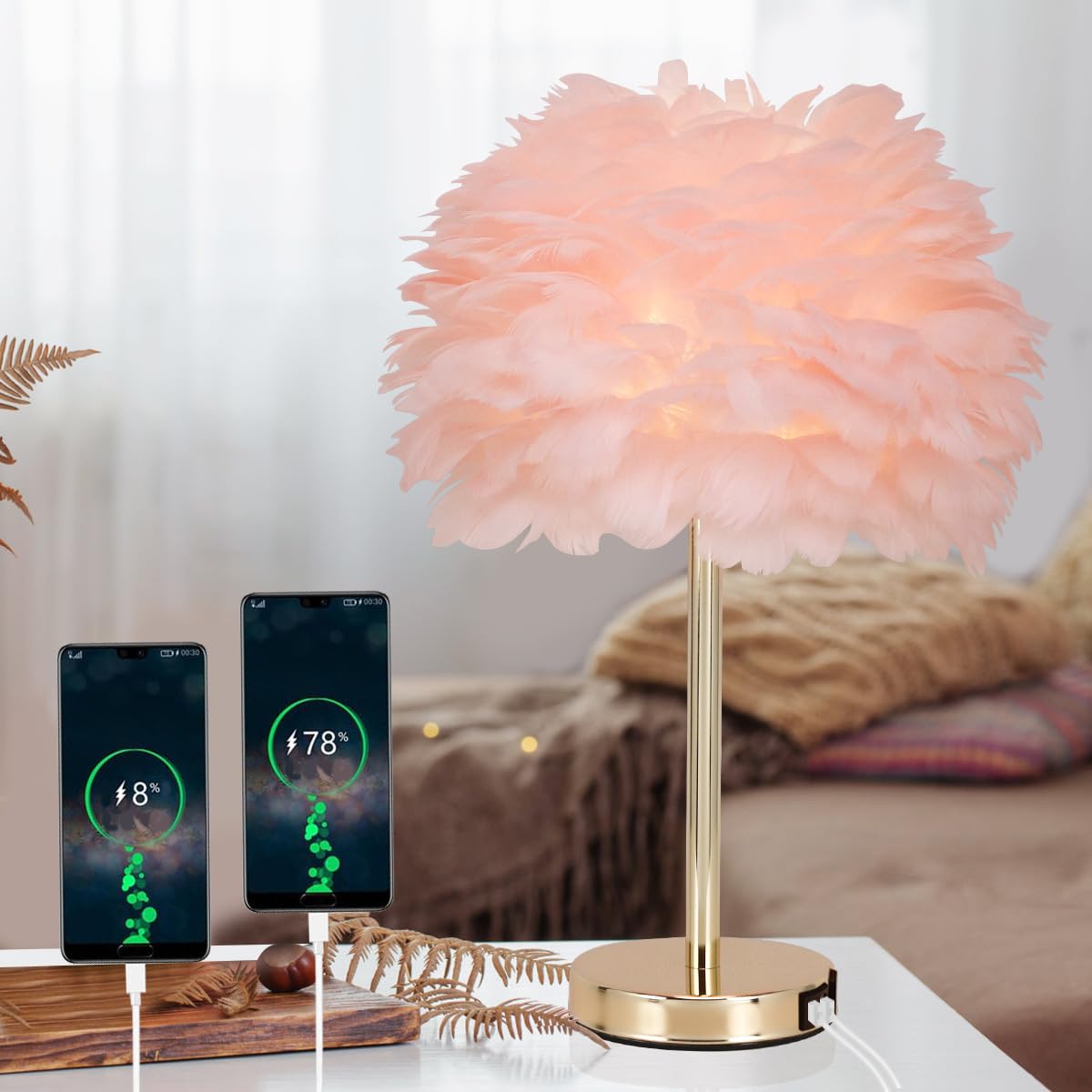 ZYLEIESENBAO Pink Feather USB Charger Table Lamp Feather Bedside Lamp Cute Nightstand Lamp with Outlets Princess Desk Light for 