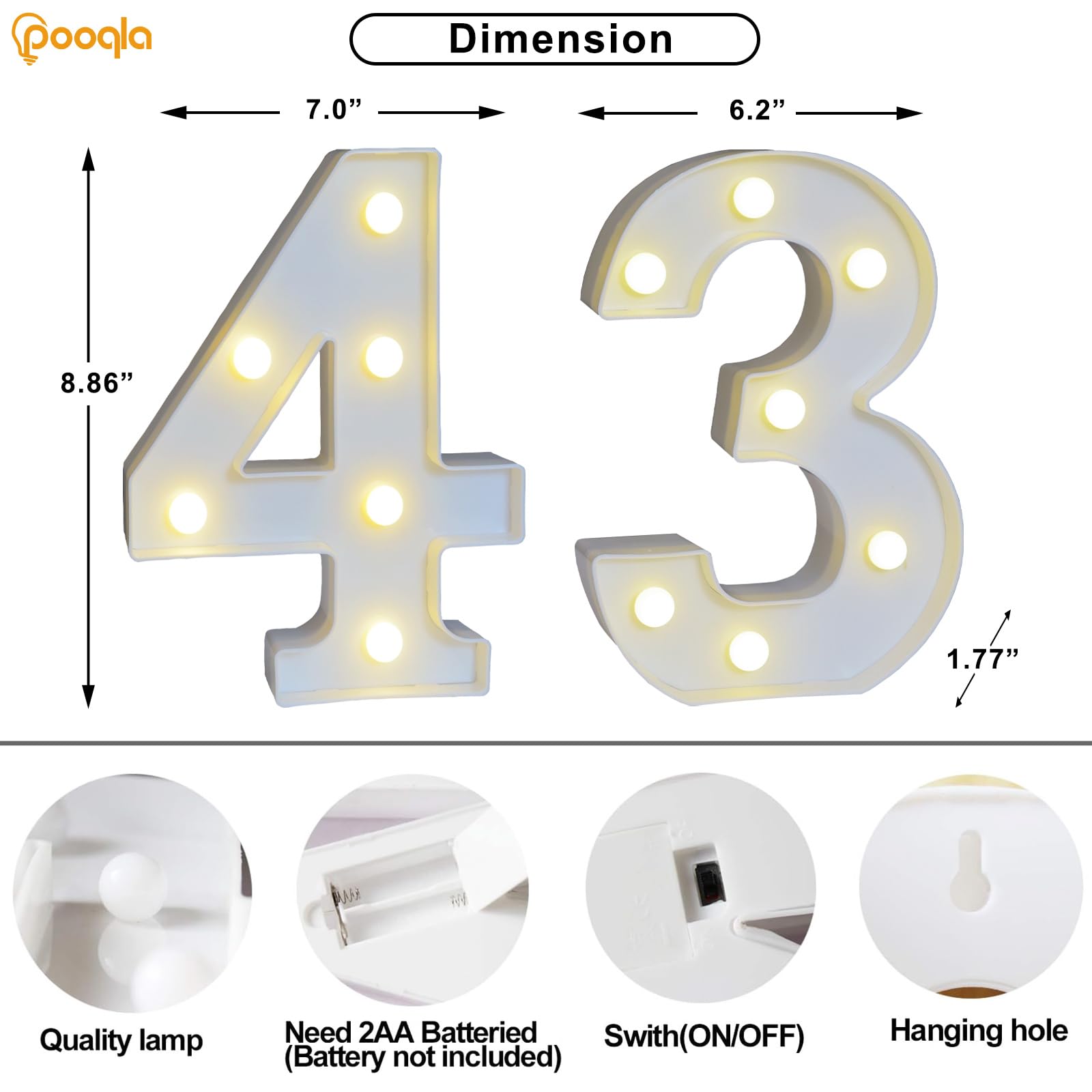 Pooqla Decorative Led Light Up Number Letters, White Plastic Marquee Number Lights Sign For 43Th Birthday Party Wedding Decor Battery Operated Number (43)