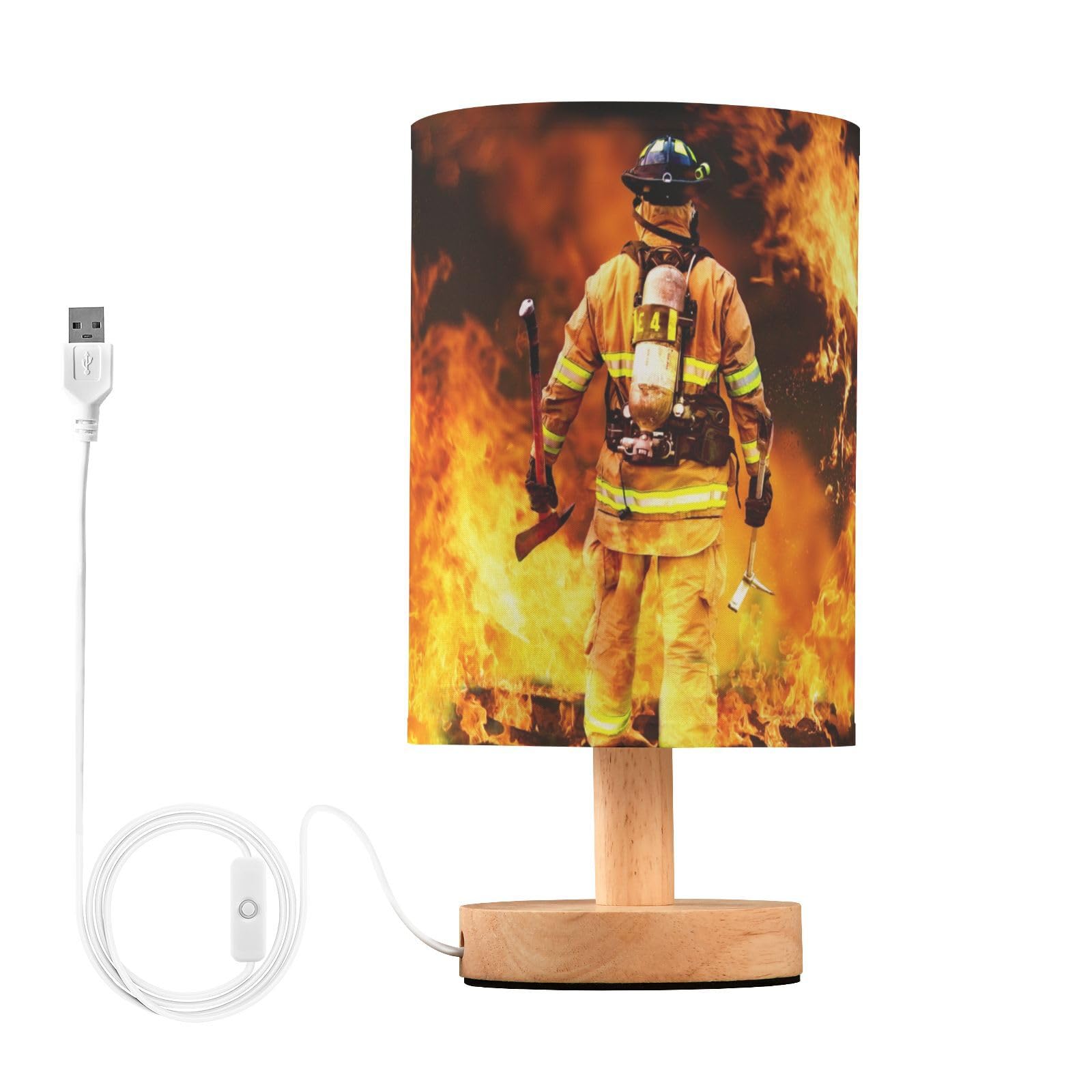YYZZH Table Lamp Firefighter in Fire Flame Nightstand Lamp with Wood Base Fabric Lamp Shade Bedside Desk Lamp for Living Room Be