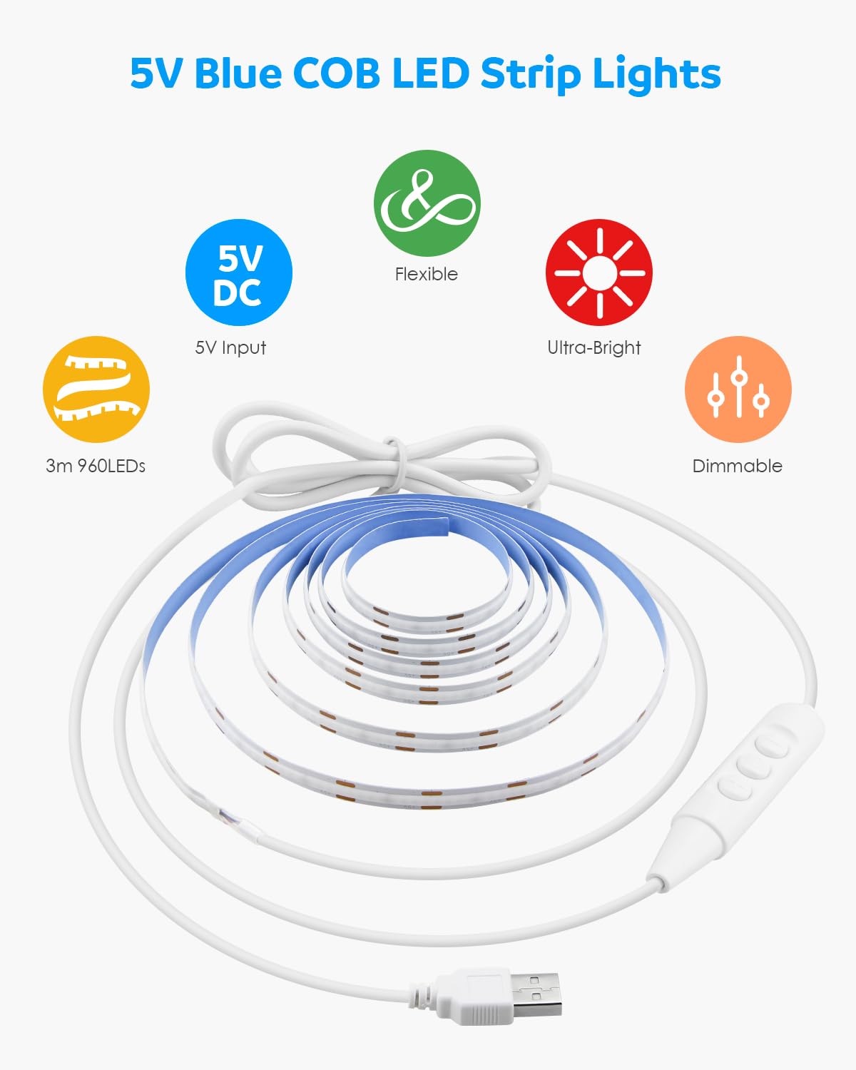 Aclorol Blue Cob Led Strip Light 5V 9.84Ft 960Leds Dimmable Led Strip Lights For Bedroom With Dimmer Bright Led Flexible Tape Li