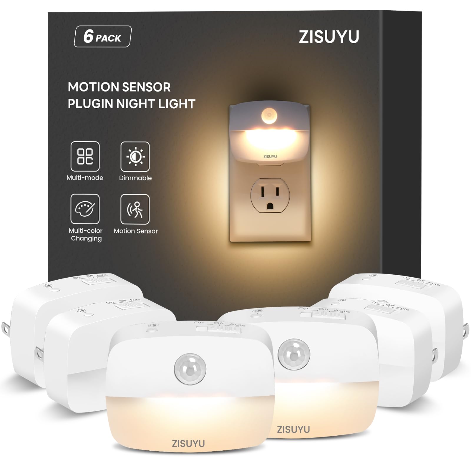 ZISUYU Plug-in LED Night Light with Motion Sensor, Dimmable, Cool White, 6 Pack, Model ZU07