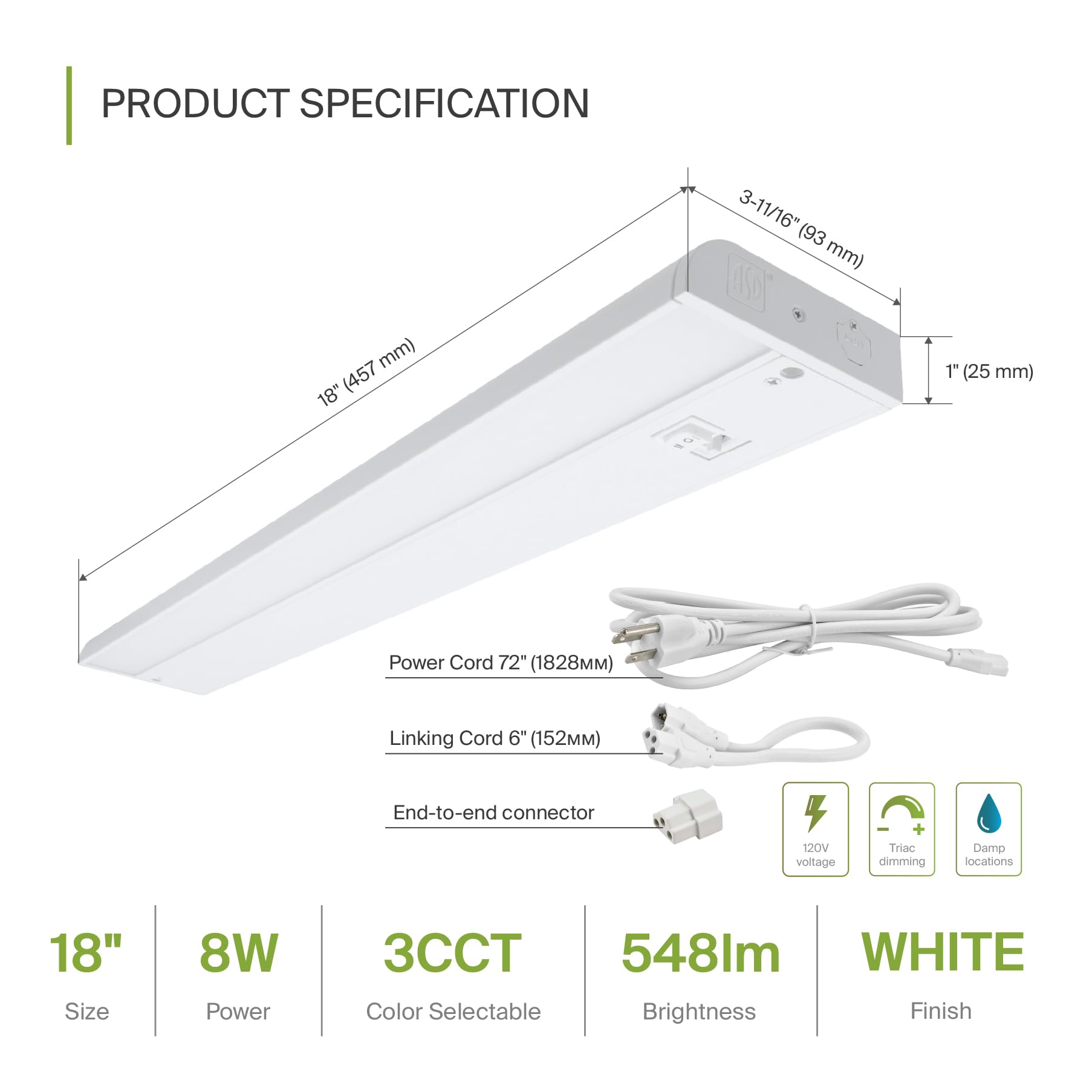 Asd Led Under Cabinet Lighting 18 Inch, Hardwired Or Plug-In Installation, 2700K/3000K/4000K, Hi/Low Switch, Linkable Kitchen Un
