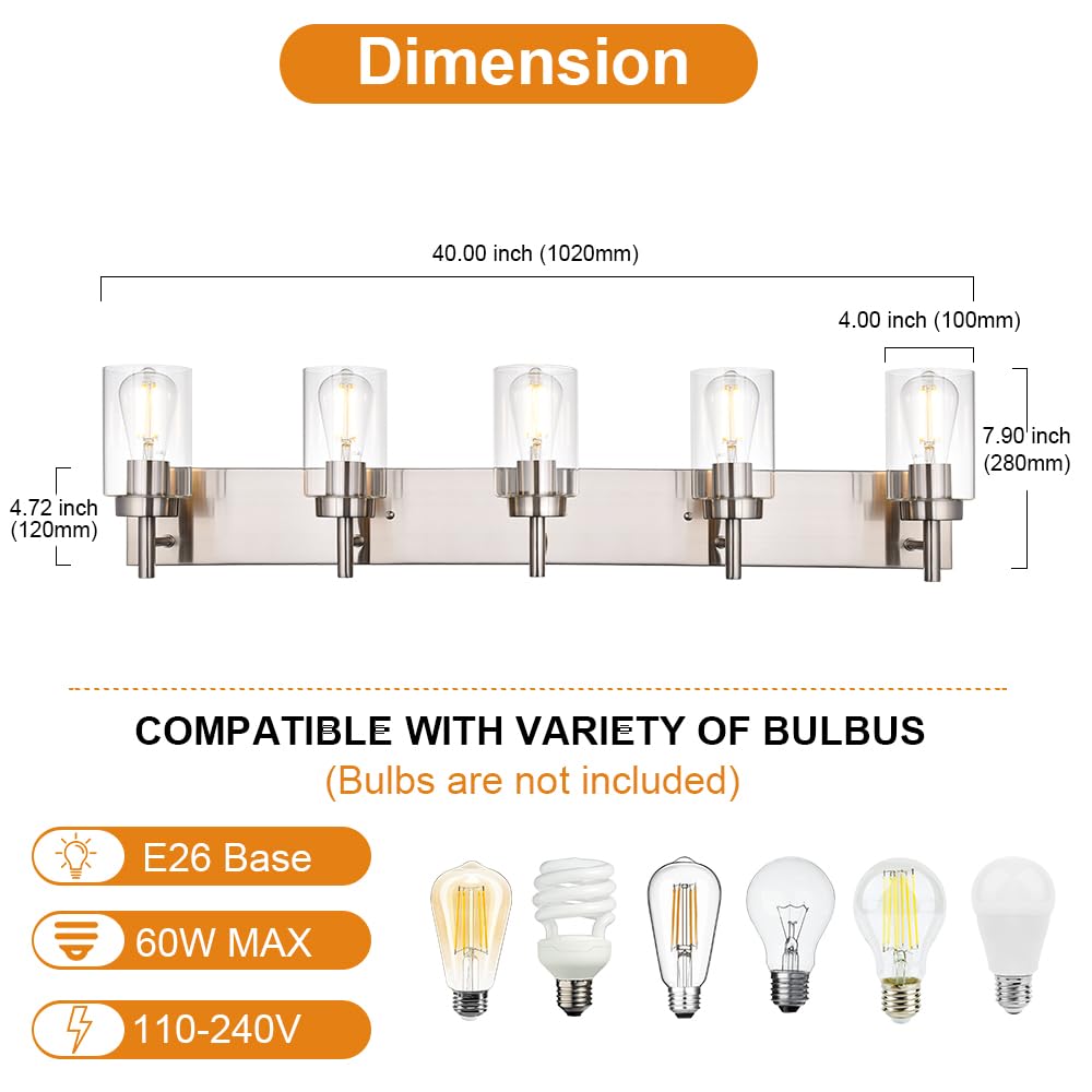 Vinluz 5 Lights Bathroom Vanity Light Fixture Brushed Nickel Sconces Wall Lighting Modern Industrial Indoor Wall Mounted Lamp Fo