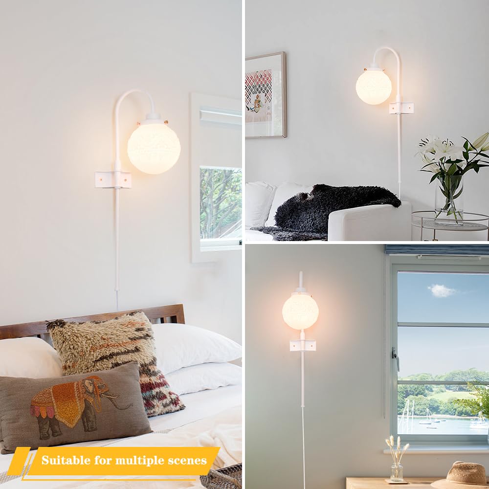 Daunton Vintage Plug in Wall Sconces Set of 2, Adjustable White Metal Sconces with Milky Globe Glass, Model 250109