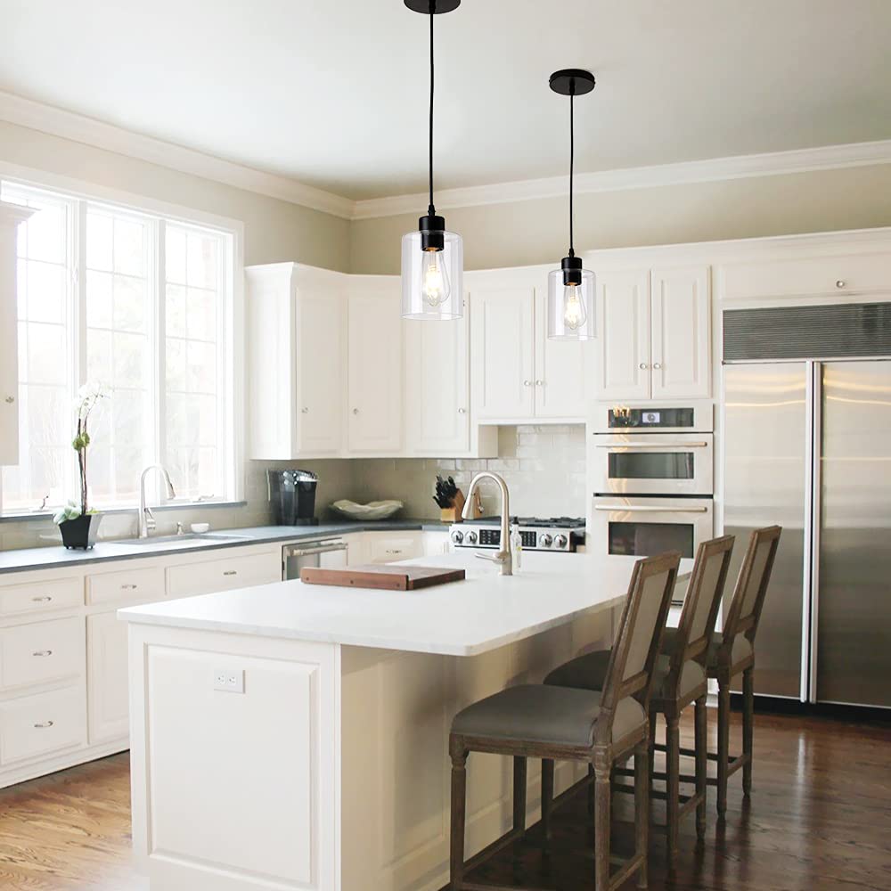KLSS Modern Black Farmhouse Pendant Light, Clear Glass Shade, 4.75 Inch, 58 Inch Cord, 2 Pack, Ideal for Kitchen Island Decor