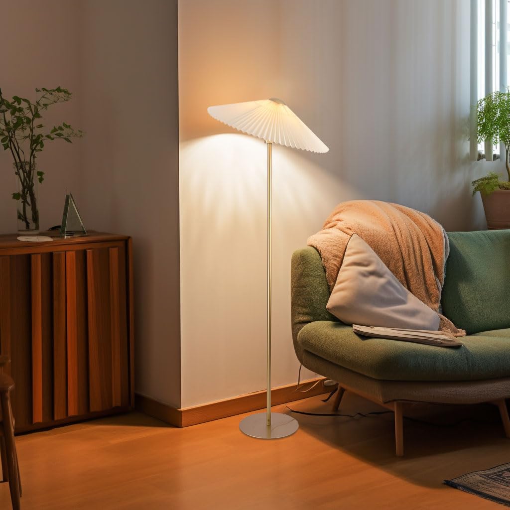 KUNJOULAM Pleated Floor Lamp, Fabric Lampshade, Tall Design, Gold, Model FL001