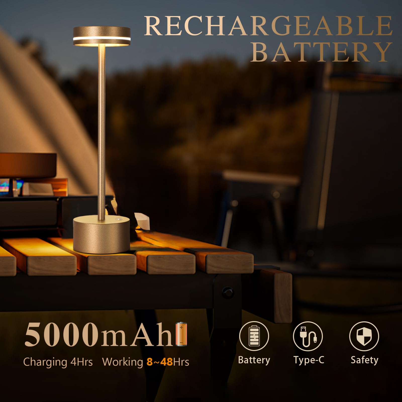 2 Pack Cordless Table Lamp Rechargeable, 3 Way Dimmable Touch Lamp & 5000Mah Long Battery Time, Portable Small Metal Light For R