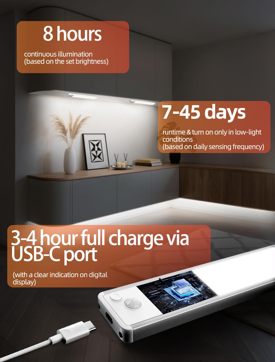 Under Cabinet Motion Sensor Lighting: Dimmable Rechargeable Lights Indoor - Battery Operated Lights - Undercabinet Wireless Closet Light Magnetic Led Light For Kitchen Home Bathroom Counter 3 Pack