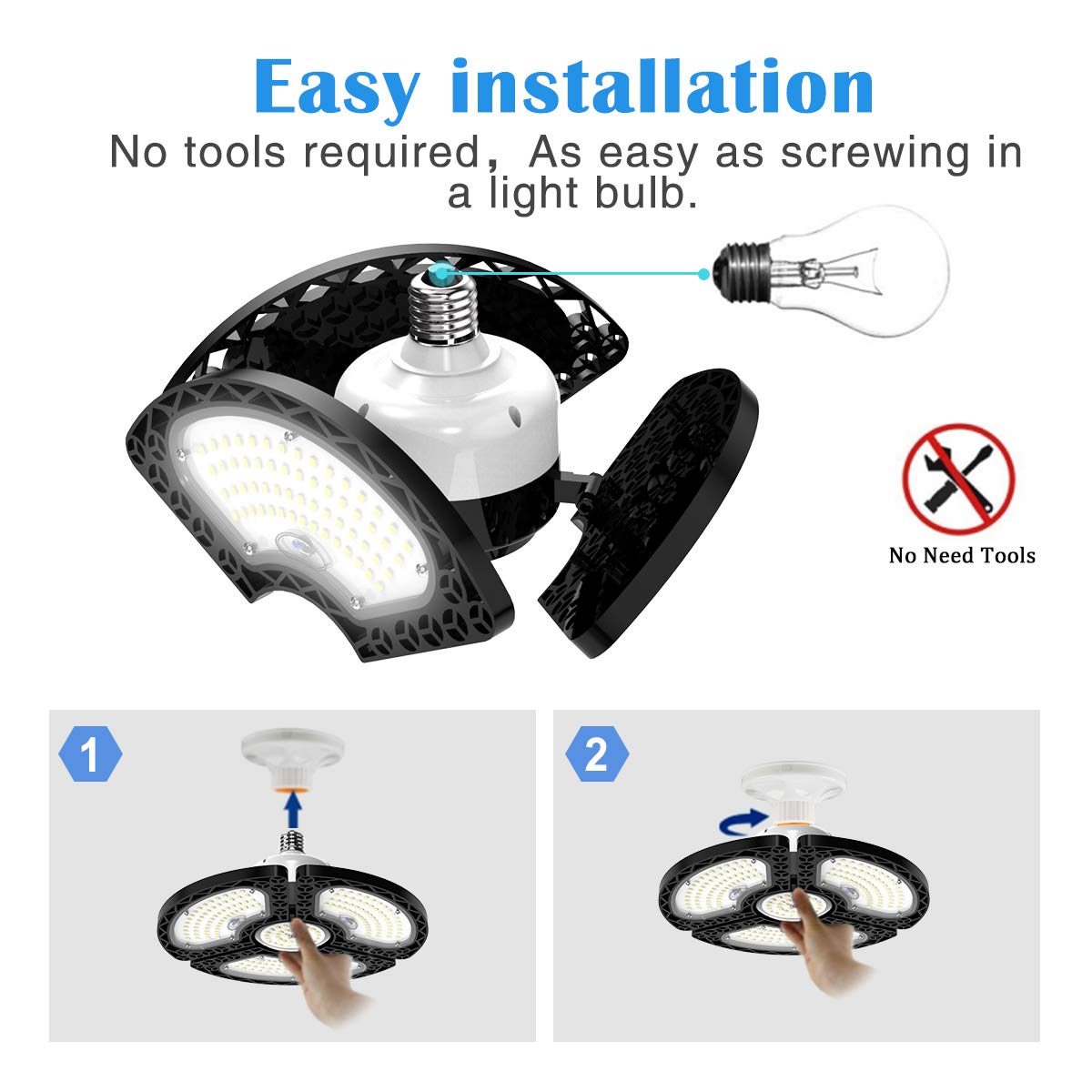 Dansny LED Garage Lights 80W, 12000 Lumens, 10in x 10in x 4.7in, Deformable with 3 Adjustable Panels, Black, Model