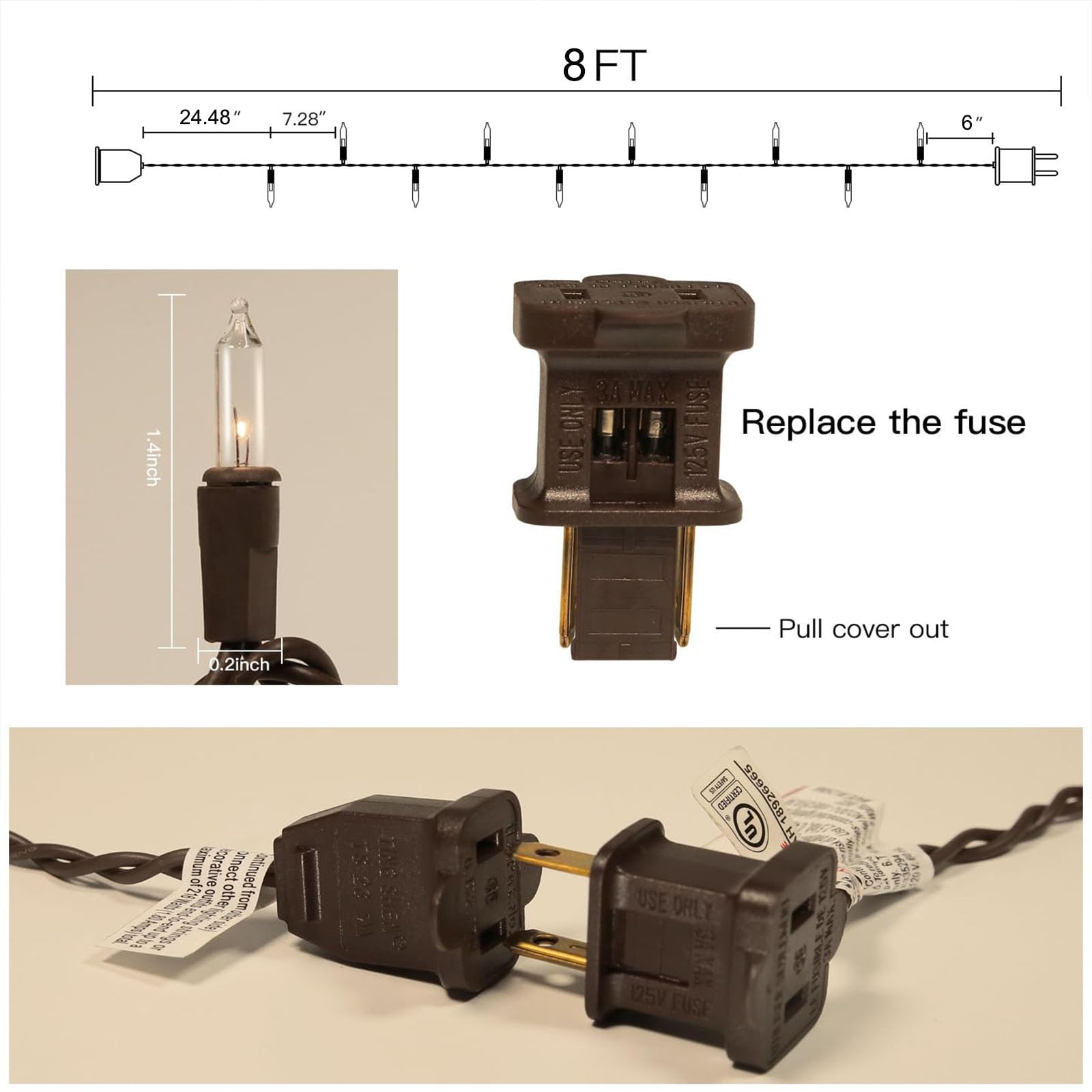 Lidore Super Bright Clear Mini Christmas Tree String Lights, Gift For Decoration, 8Ft 10 Count Bulbs With Brown Cord, Ul Listed Indoor Outdoor Lighting For Holiday (Brown Cable)