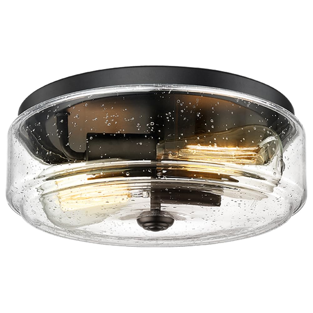 Foitton 2-Light Black Flush Mount Ceiling Light With Seeded Glass For Hallway, Kitchen, Bedroom